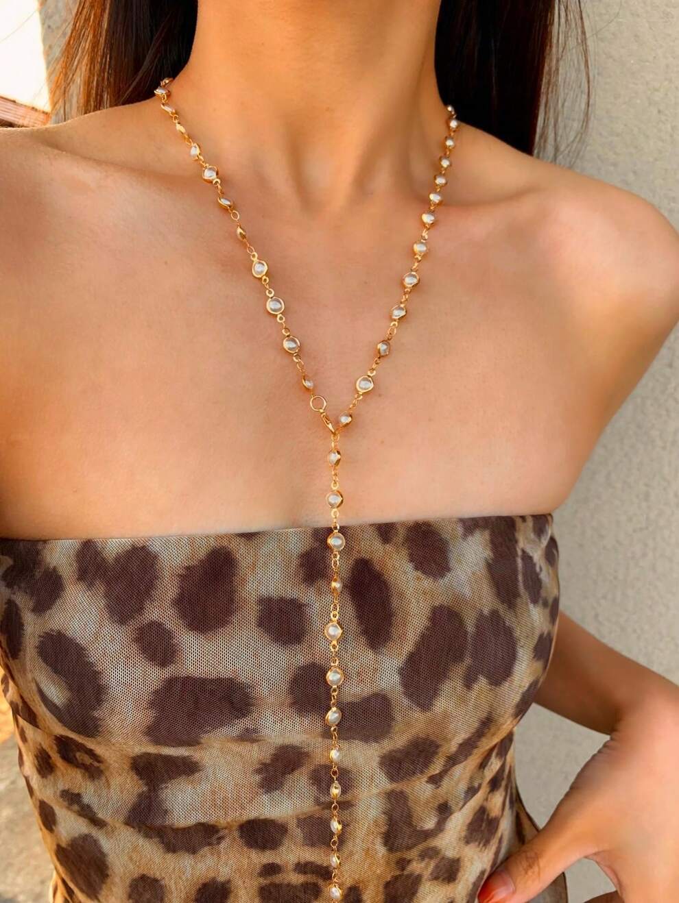 1pc Gold-Color Y-Shape Necklace With Artificial Pearls For Party, Annual Meeting, Vacation Decorative Accessory