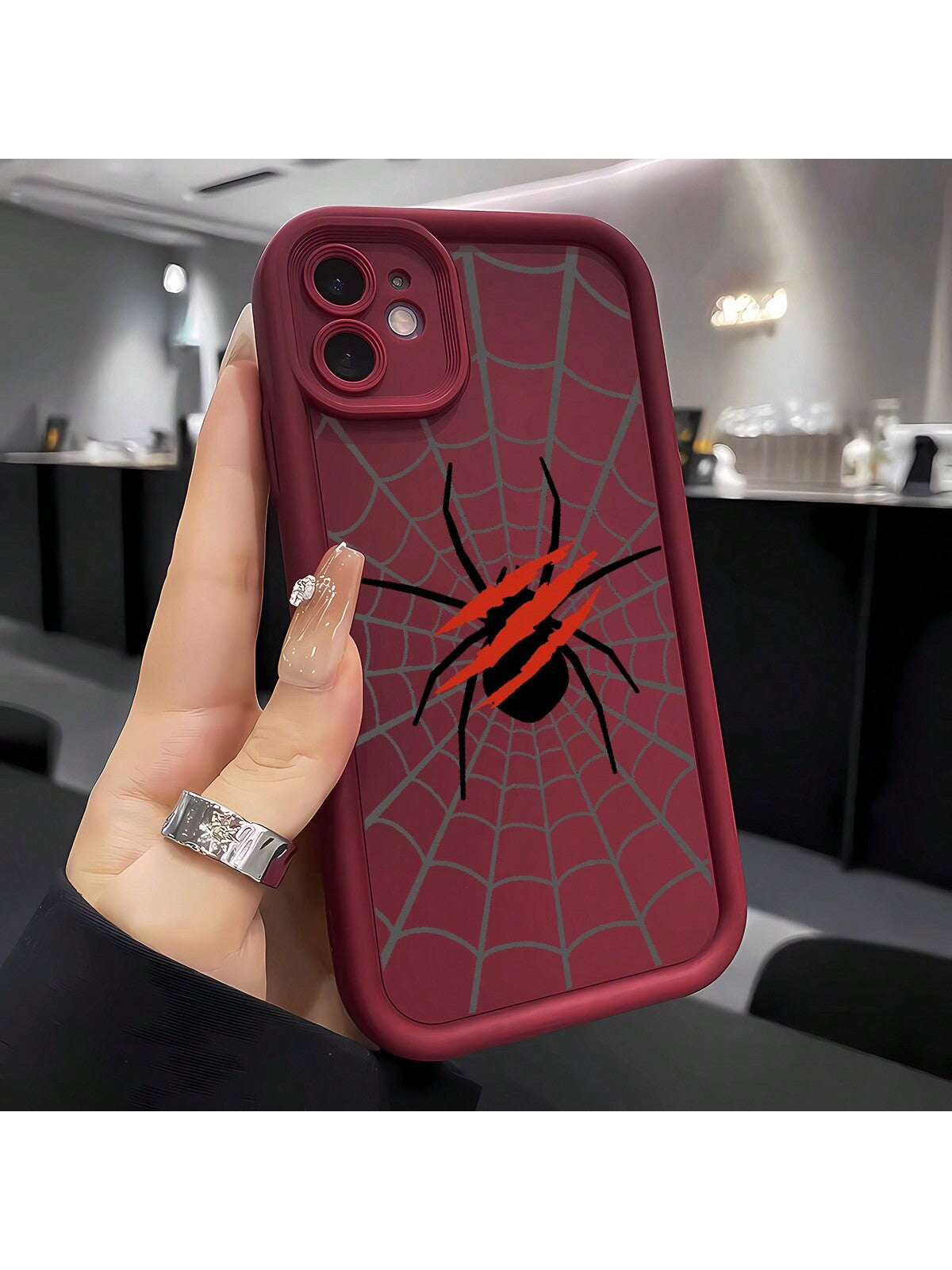 1pc Spider Web Wine Red Personality Creative European And American INS Style Trendy Male And Female Spider Claw Mark Devil Halloween Red And Dark, Frosted Wine Red Lens Frame Ladder Design Full Covera