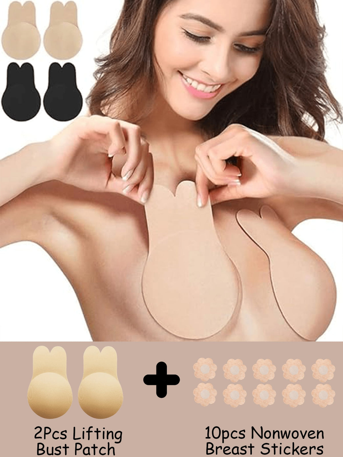 2Pcs Push Up Bras Sticky Adhesive Free 10pcs Nonwoven Breast Stickers Invisible Reusable Silicone Breast Lift Strapless Backless Rabbit Nipple Cover Pads