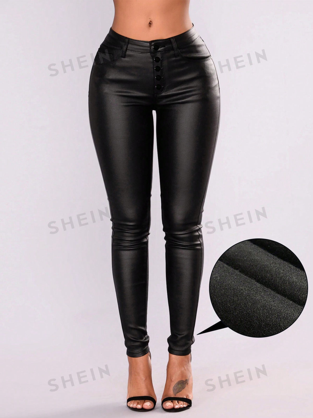 Apperloth A Button Fly Thermal Lined PU Leather Skinny Cropped Pants