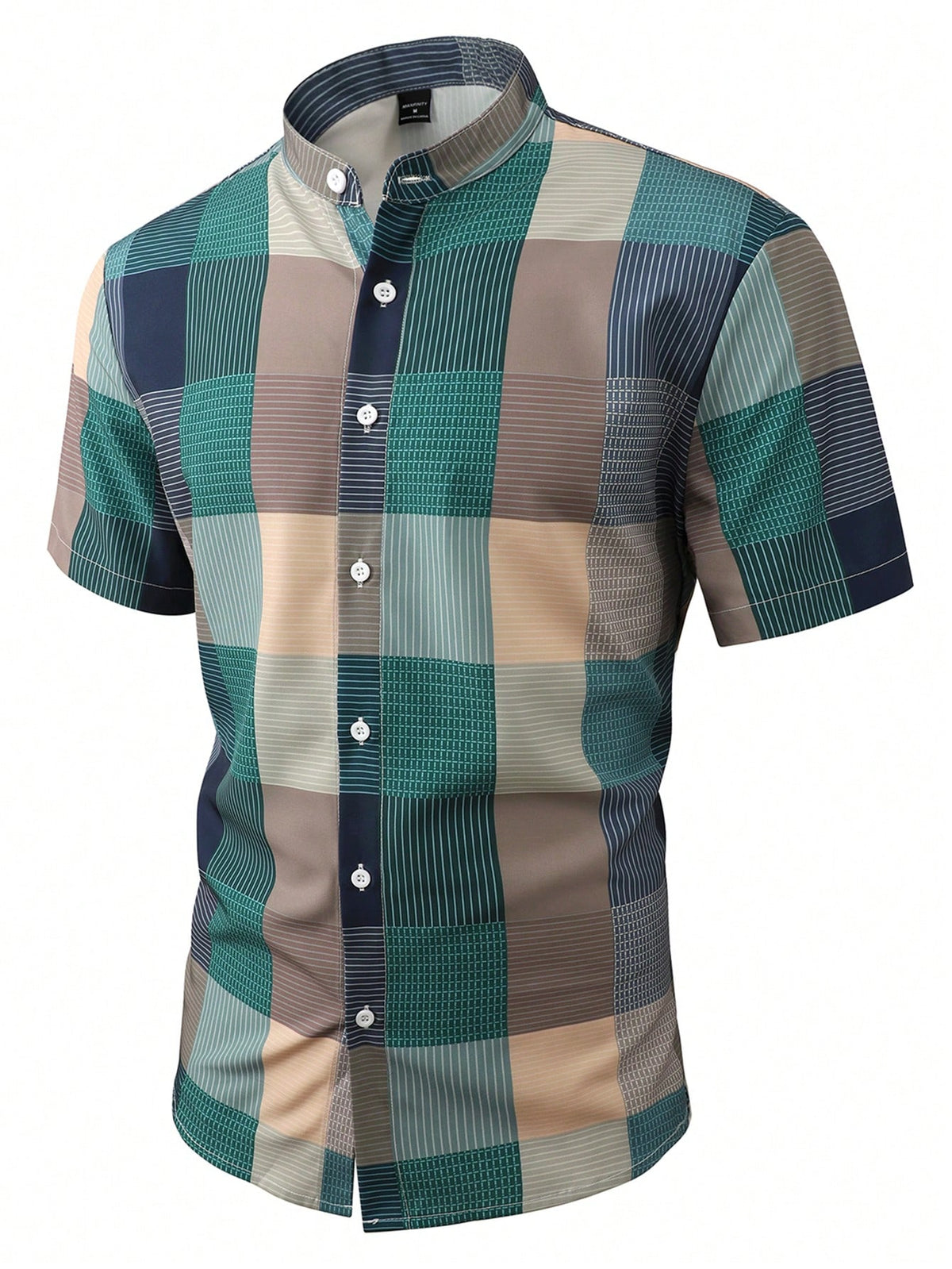 Manfinity Homme Men's Summer Plaid Stand Collar Short Sleeve Casual Shirt