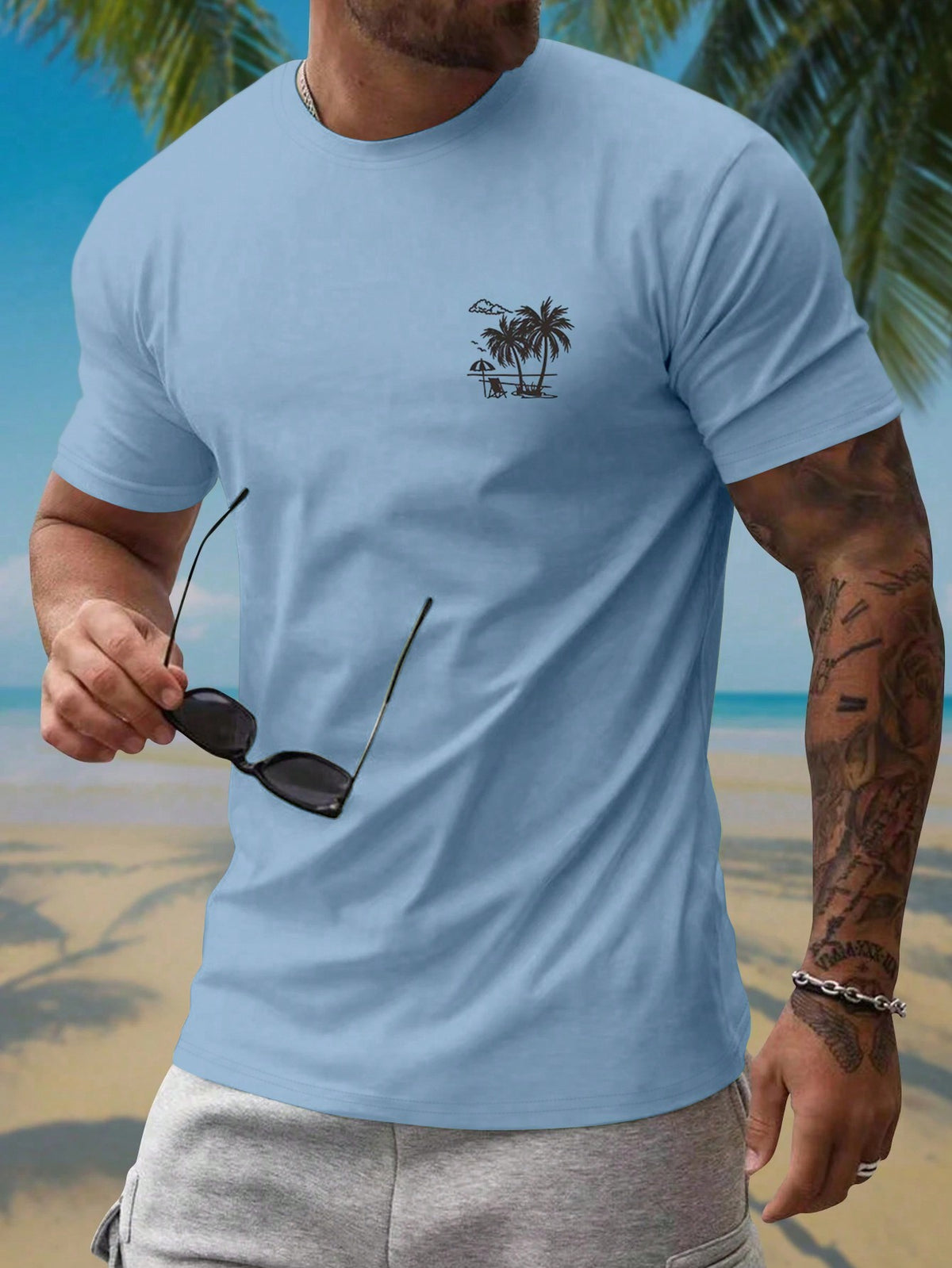 Manfinity RSRT Men's Summer Palm Tree Print Casual Short Sleeve T-Shirt