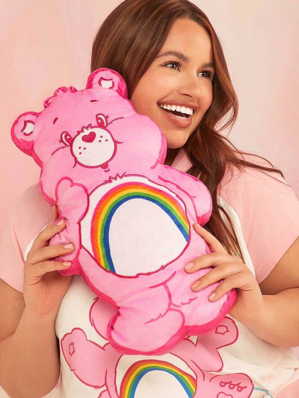 SHEIN X Care Bears Cartoon Bear Embroidered Pink Plush Pillow