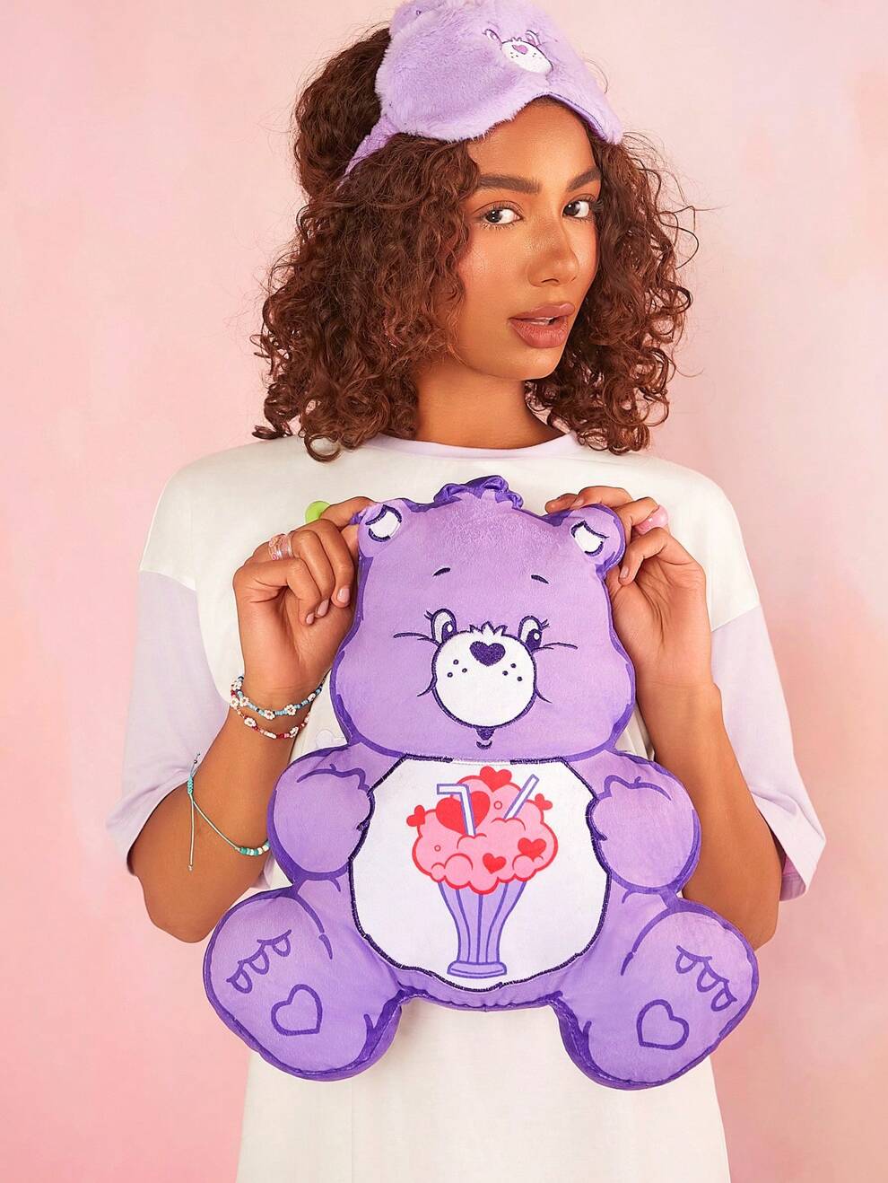 SHEIN X Care Bears Cartoon Bear Embroidery Purple Plush Pillow