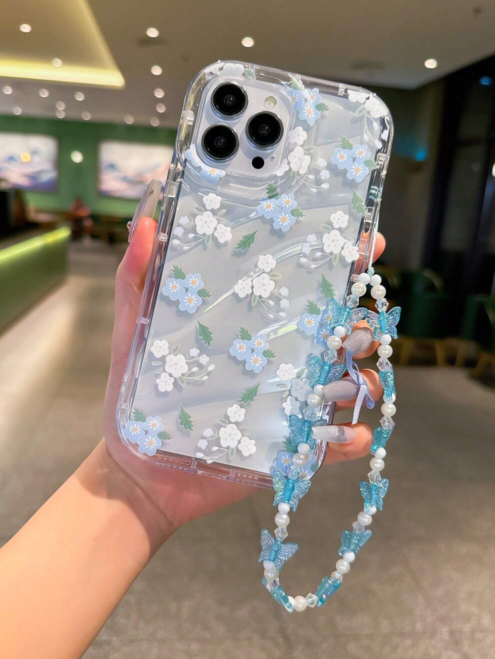 Blue Japanese And Korean Style Sweet Flower And Wave Pattern Phone Case With Butterfly Lanyard Compatible With IPhone 14promax, New 13promax, 15 Girlfriend, Ins12/12pro, Niche 11 And XS, 12promax With