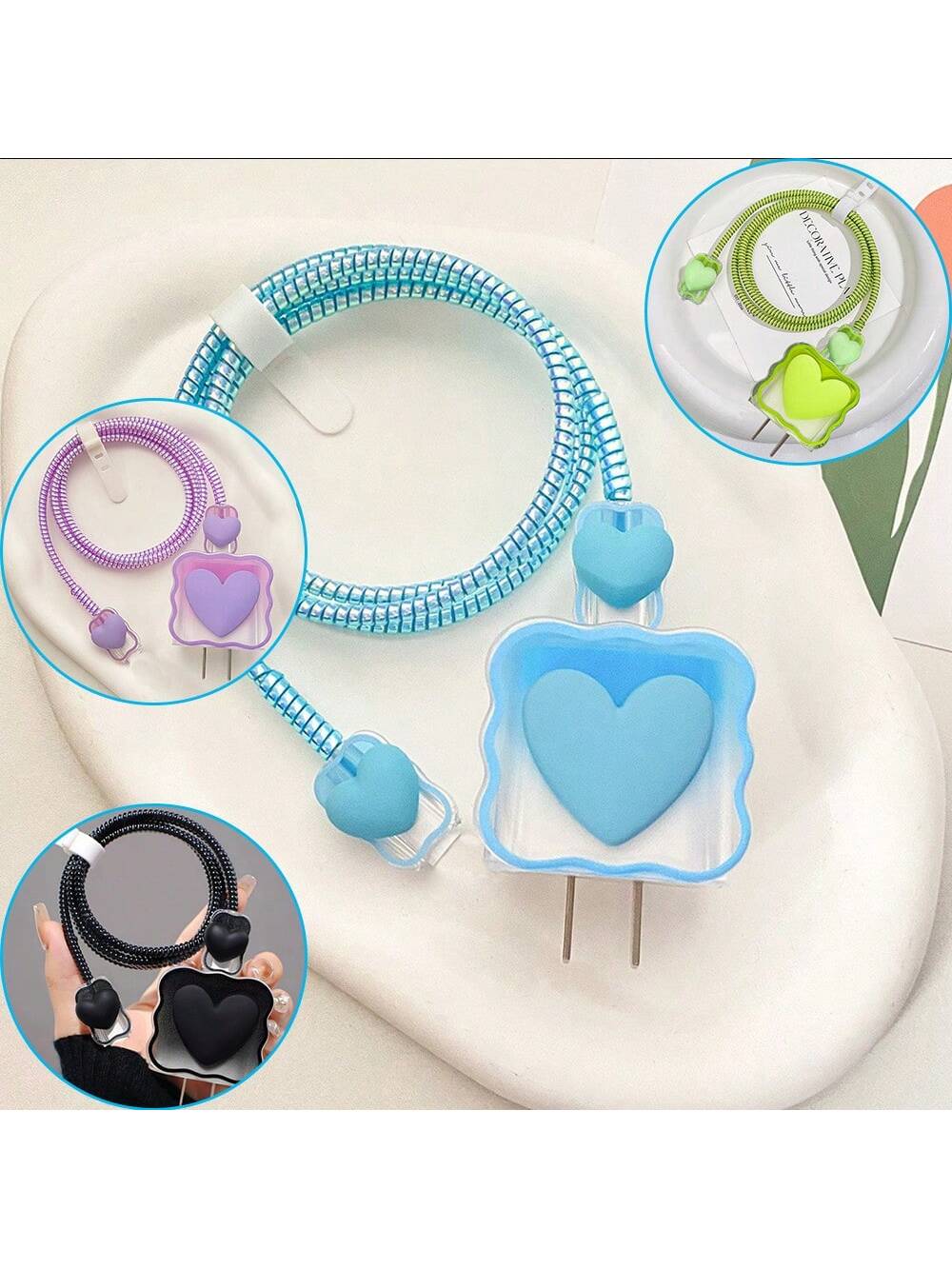 5pcs/Set Apple-Compatible Wavy & Heart-Shaped Iphone Data Cable Protective Cover Prevent Fracture Protector - Blue Heart