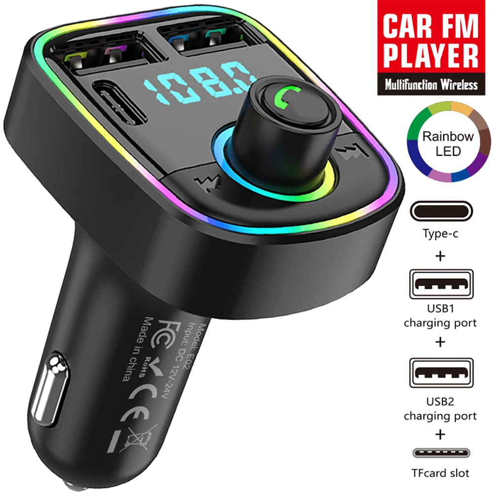 Car Bluetooth 5.0 Wireless Handsfree Car FM Transmitter Receiver Radio MP3 Adapter Player 2 USB+PD Charger Kit Bluetooth Car Adapter