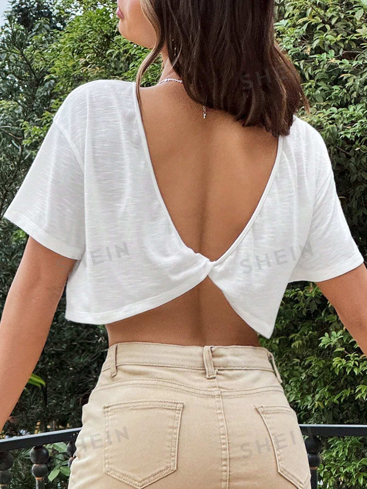 SHEIN EZwear Twist Backless Drop Shoulder Tee For Summer