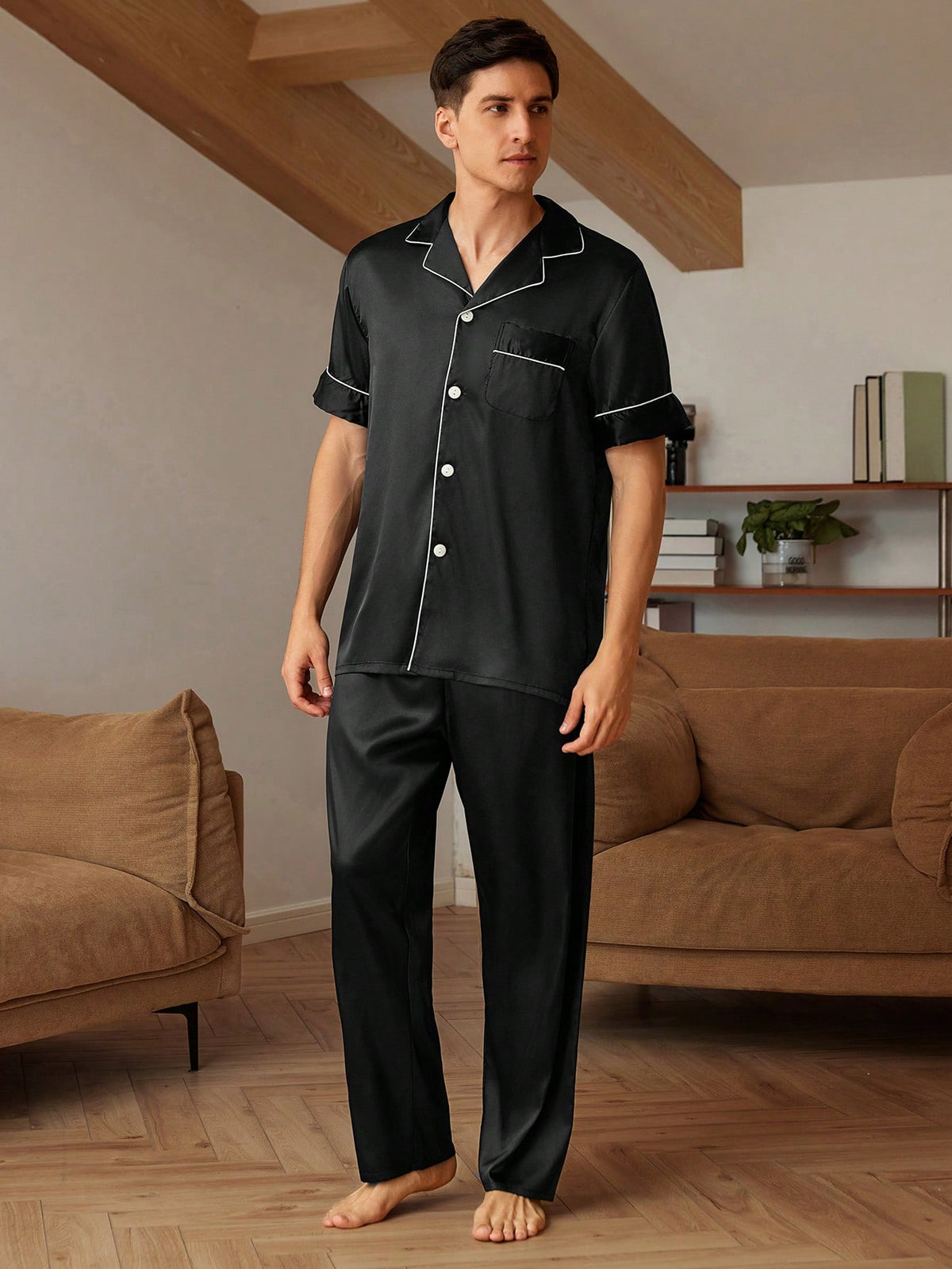 Men Contrast Piping Satin Top & Pants PJ Set / Pajama Set