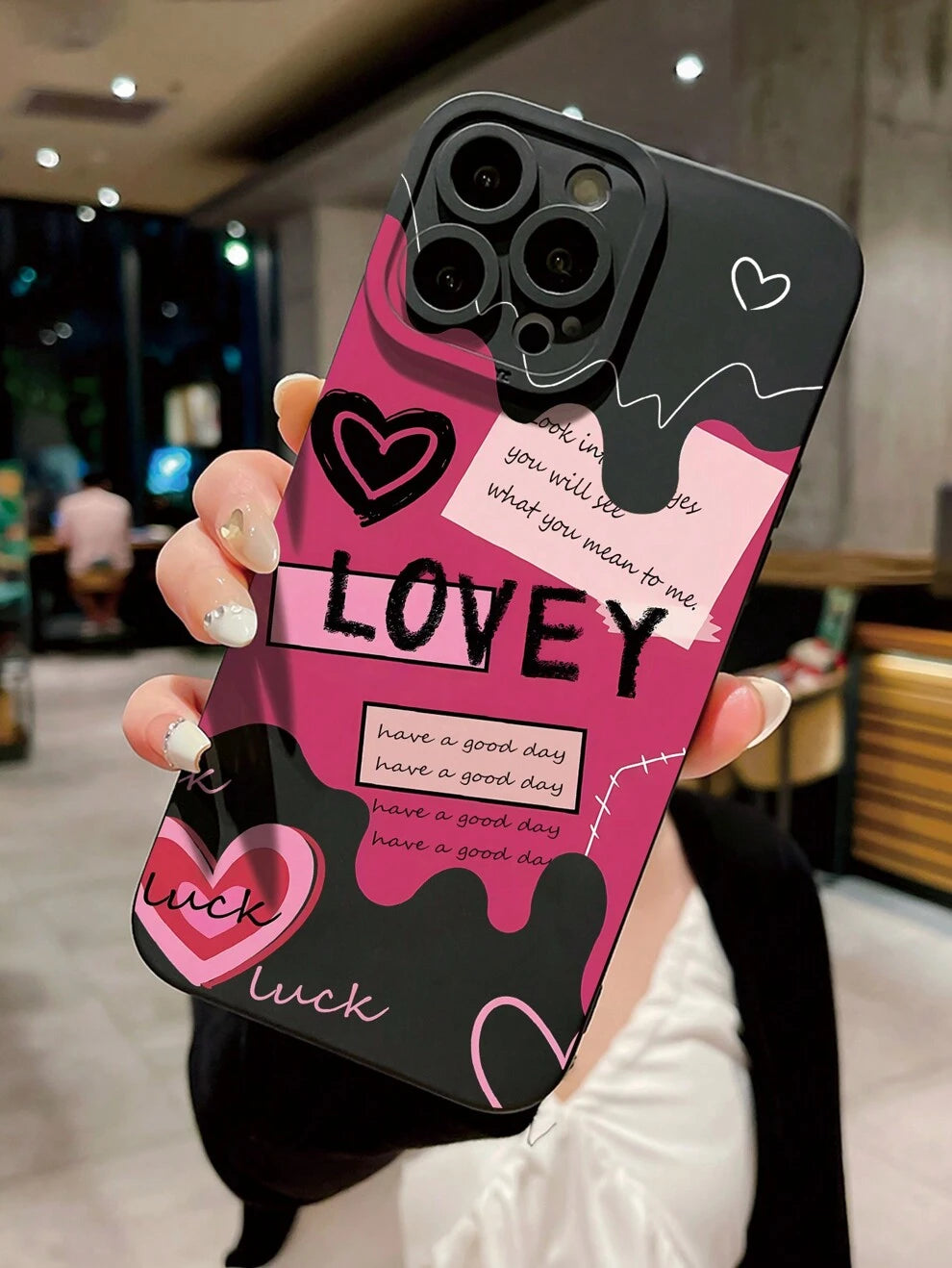 1pc Black Cute Pink Love Tag Eye Pattern Phone Case Compatible With Apple/Samsung/Xiaomi/Redmi/VIVO/Infinix/OPPO/Reno