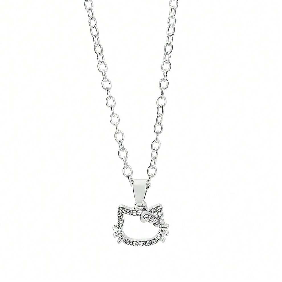 1pc Simple And Fashionable Hollowed Out Diamond Inlaid Hello Kitty Necklace, Suitable For Daily Wear