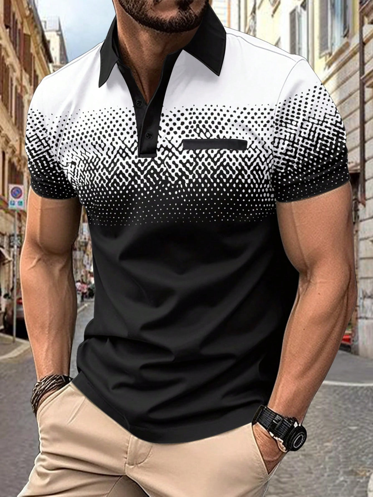 Digital Printed Gradient Men's Polo Shirt, Summer Casual Short Sleeve Top With Faux Pocket Design, Daily Wear