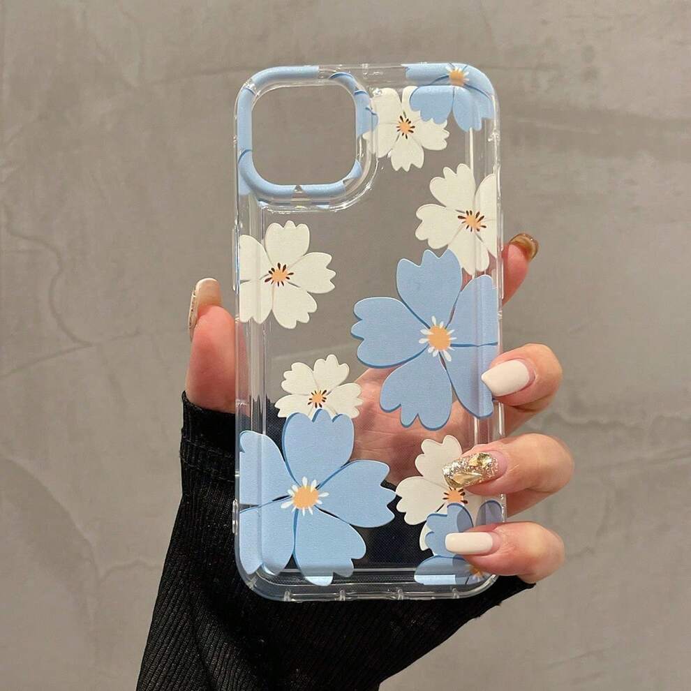 Beautiful Blue And Beige Floral Print Transparent Anti Drop TPU Shock-Absorbing Phone Case Compatible With Apple 15/14/13/12/11/7/8/7plus/8plusS X/XS XR XSAMX