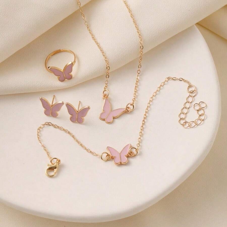 4pcs/Set Fashionable & Elegant Butterfly Necklace, Earrings, Ring And Bracelet Jewelry Set