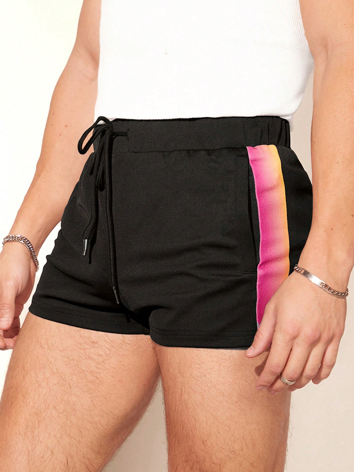 FeverCity Men Casual Drawstring Waistband Color Block Loose Shorts With Pockets Rave Outfit Graphic Rainbow Party Sexy