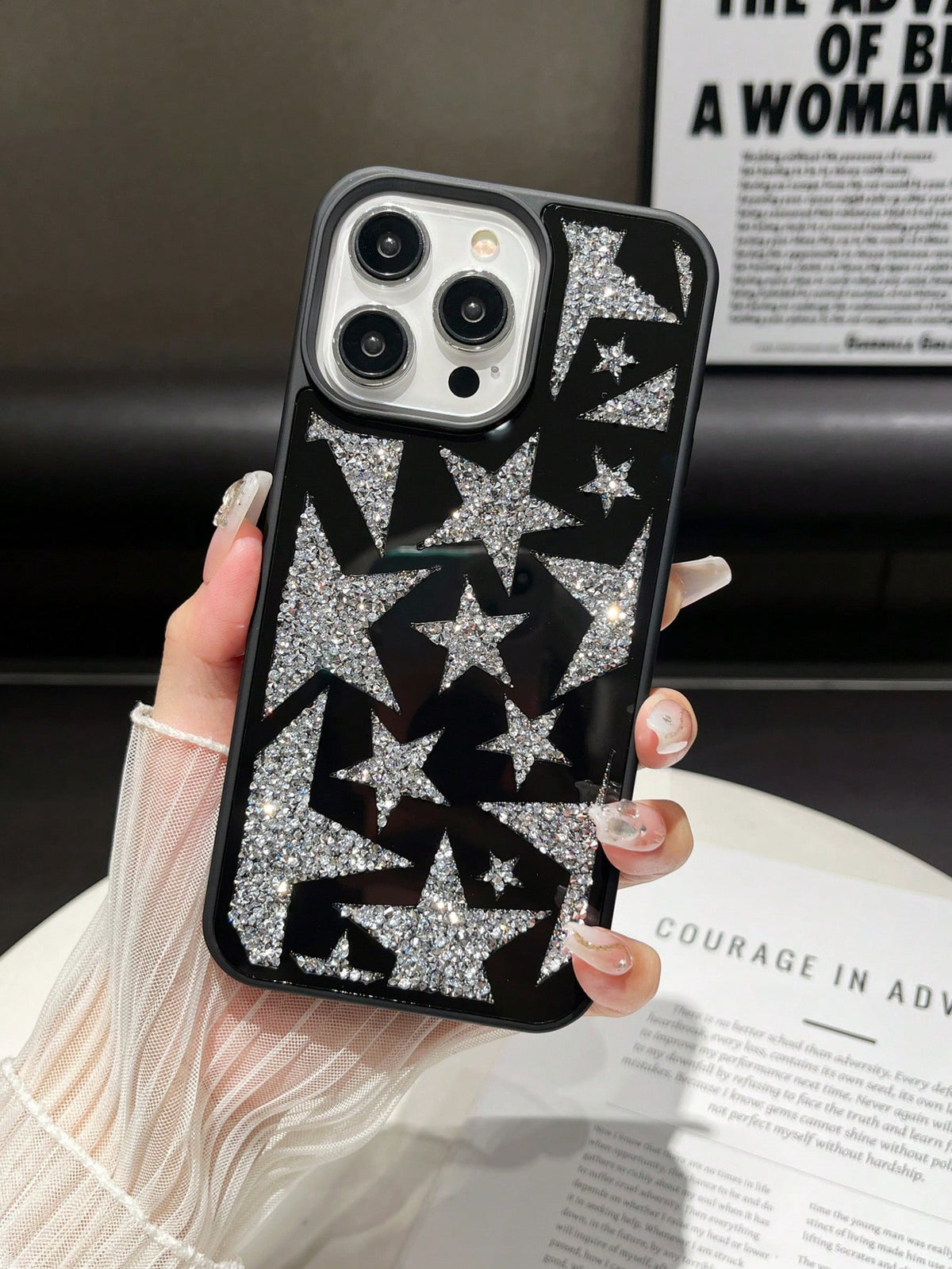 1pc Matte Black Oil Spill Starry Rhinestone Mirrored Shockproof 2-In-1 Phone Case Fit For IPhone 14 Pro Max