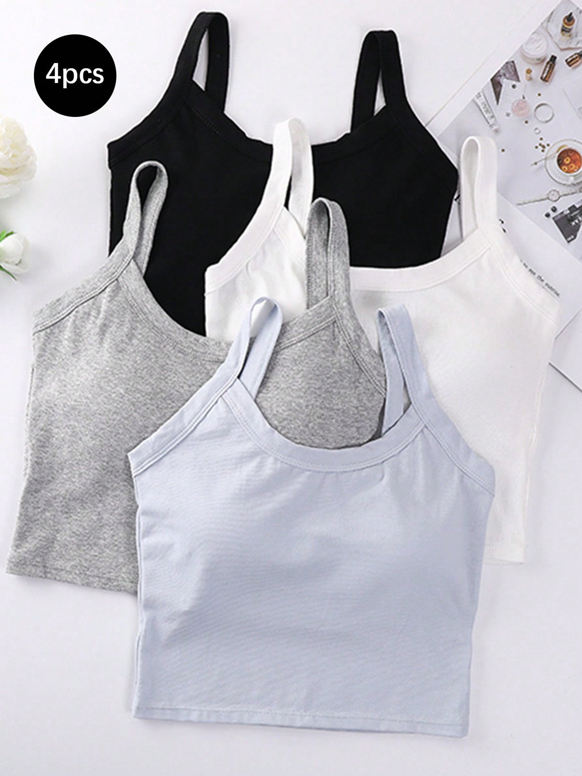 4pcs Women Backless Sports Bra With Built-In Padded Cups, Tank Top Style