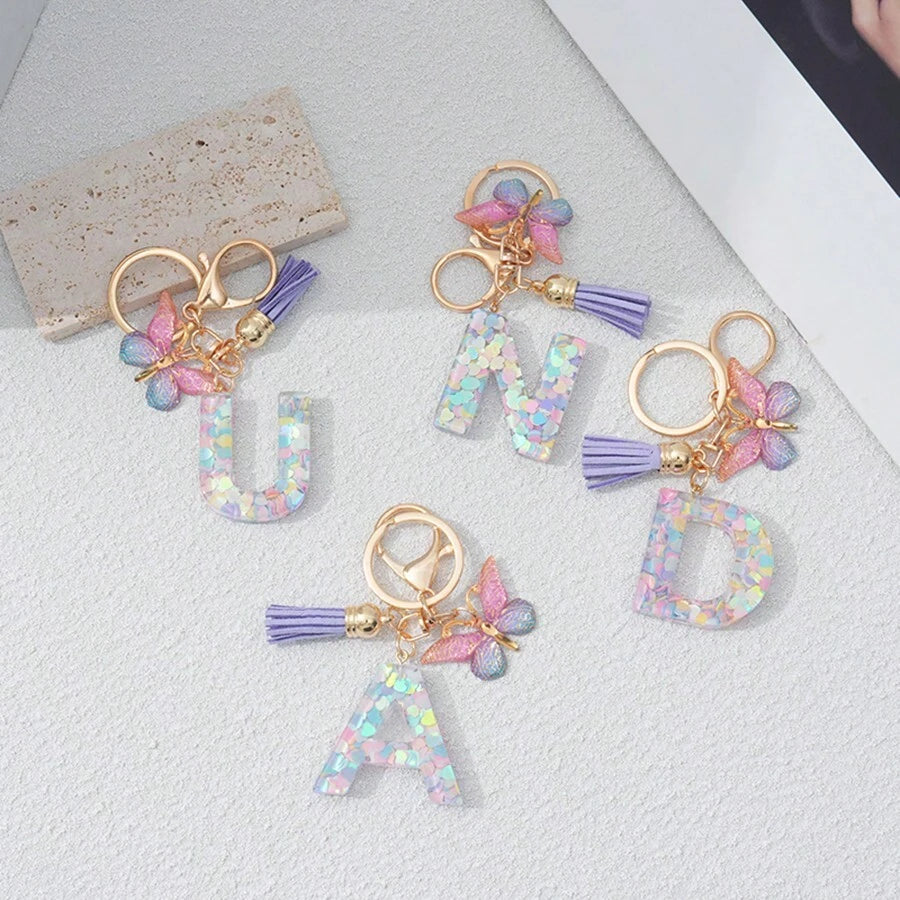 A-Z English Letters Keychain Blue Purple Butterfly Fringe Women's Bag Love Sequin Resin Pendant Car Key Chain