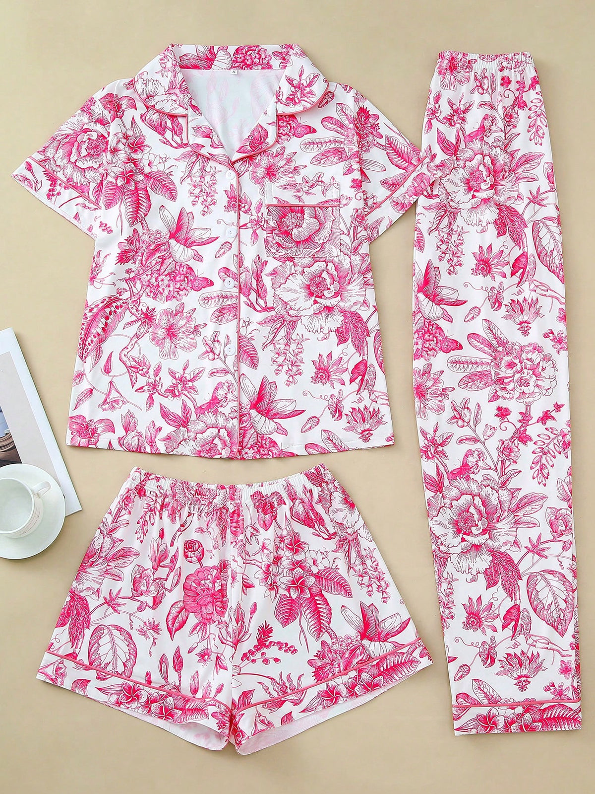 3pcs Floral Printed Women's Pajama Set, Includes A Collared Short Sleeve Top And Loose Elastic Shorts & Pants, Casual Women's Sleepwear And Loungewear