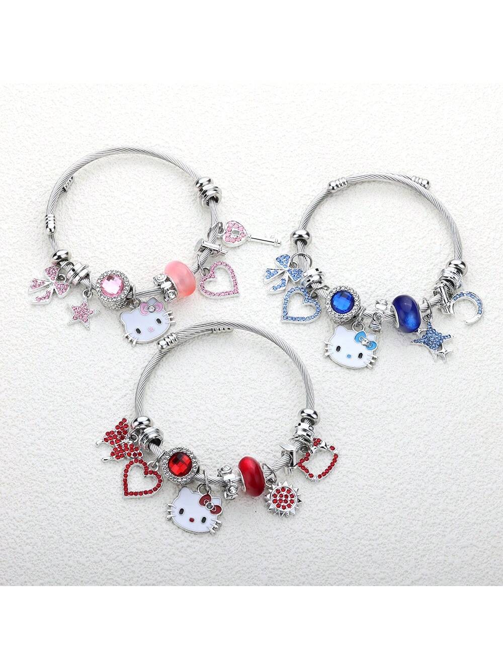 1Pcs Hello Kitty Bracelet Friendship Charms Braclet, Adjustable Stainless Steel Kawaii Pink Bangle Bracelets, Charm Matching Bracelets For Women And Teen Gifts