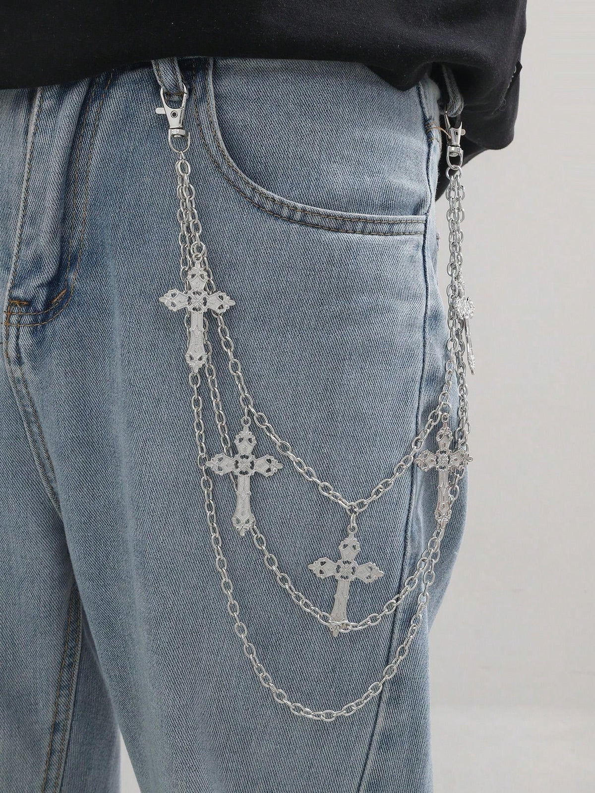 1pc Gold Multilayer Cross Pendant Men Hip Hop Metal Punk Style Pants Chain Street