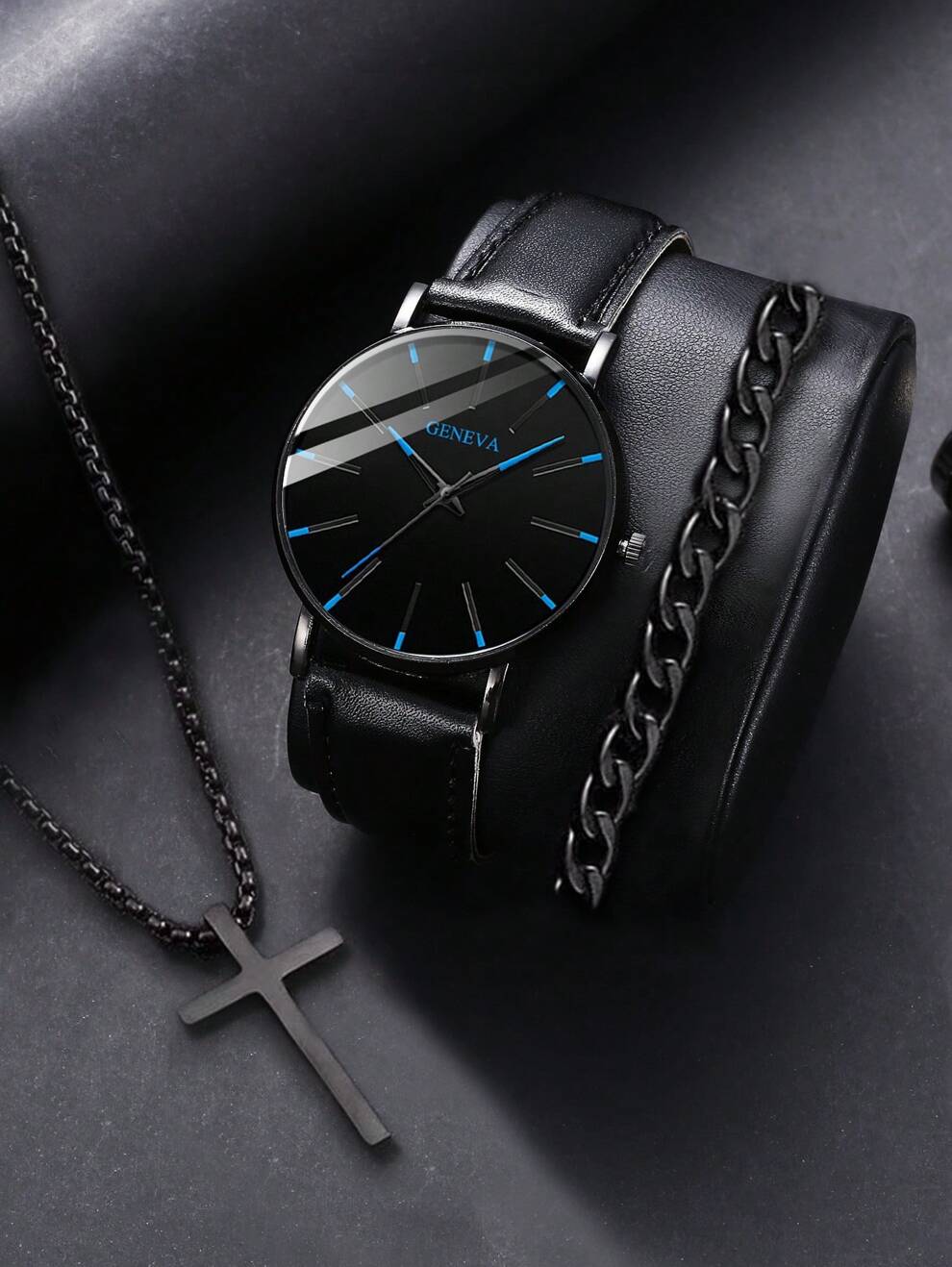 3pcs Business Pu Leather Round Alloy Pointer Men Watch Bracelet Necklace Chain Set A Gift For Him As A Gift For Students Returning To School