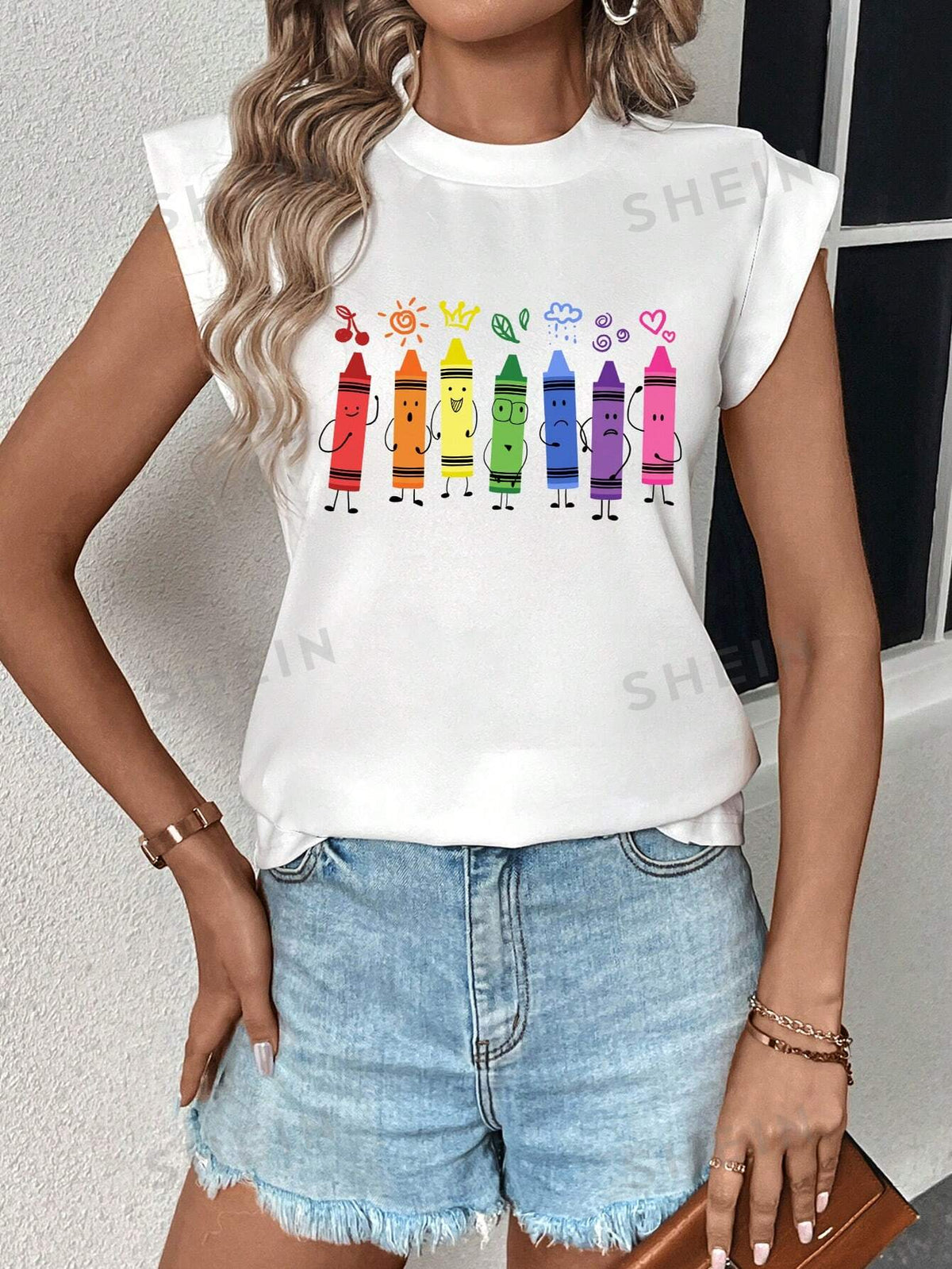 SHEIN LUNE Casual Cute Playful Colorful Pen Printed Round Neck Slim Fit Women's T-Shirt, Suitable For Summer