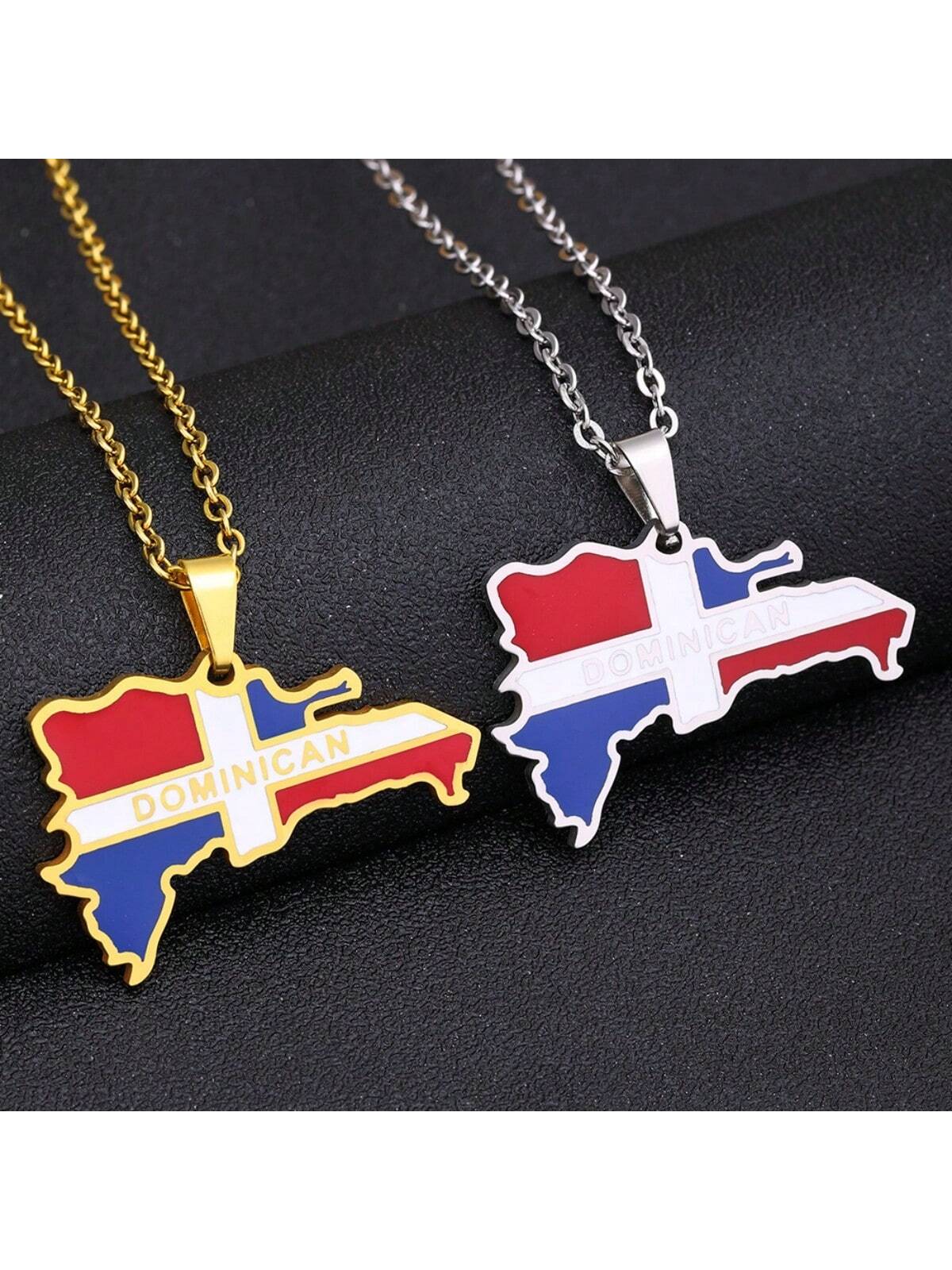 1pc Dominican Map Titanium Steel Pendant Necklace, Unisex Stainless Steel Couple Necklace, Independence Day Accessories