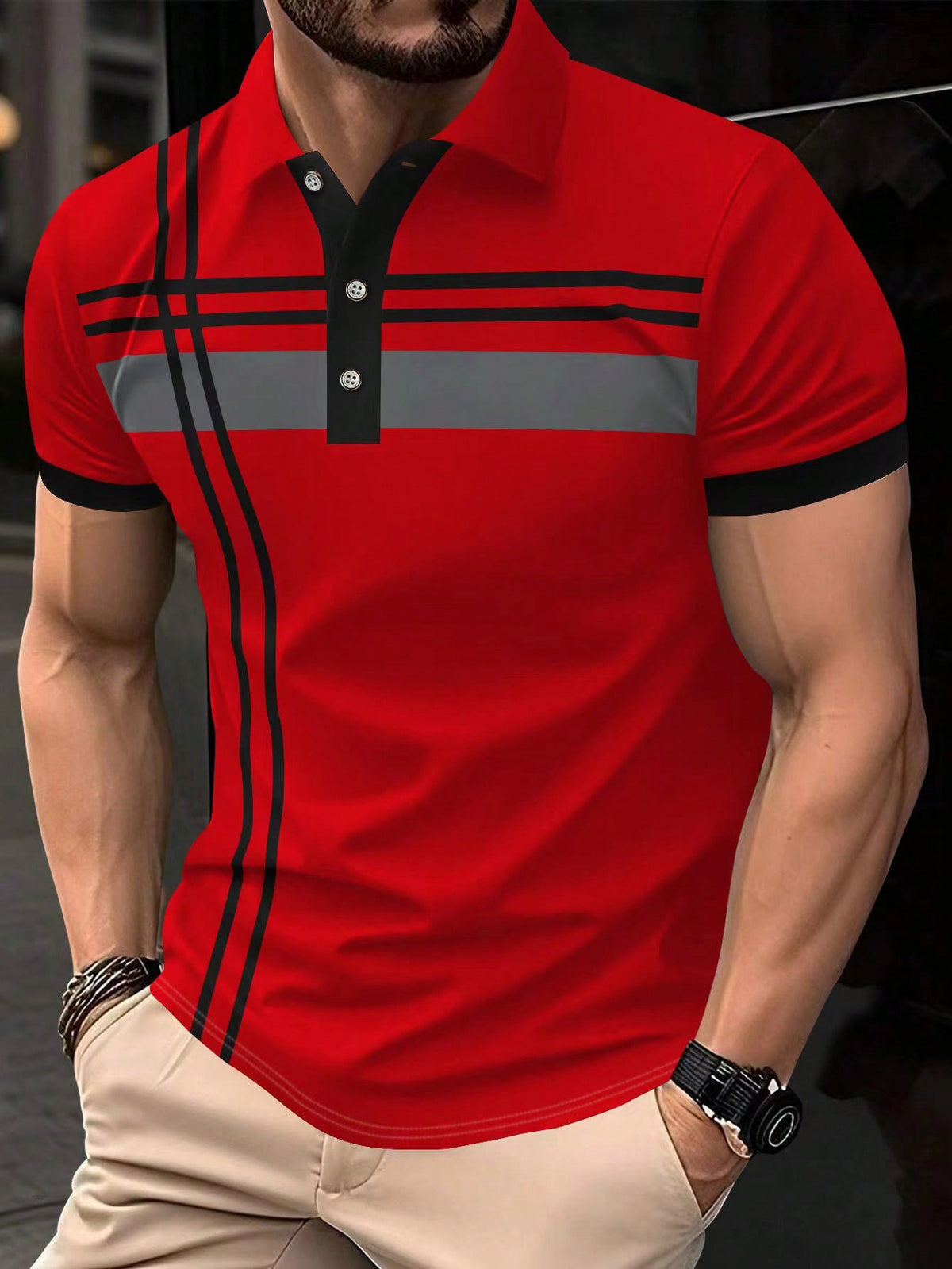 Manfinity Mode Men Summer Striped Short Sleeve Casual Commuting Polo Shirt