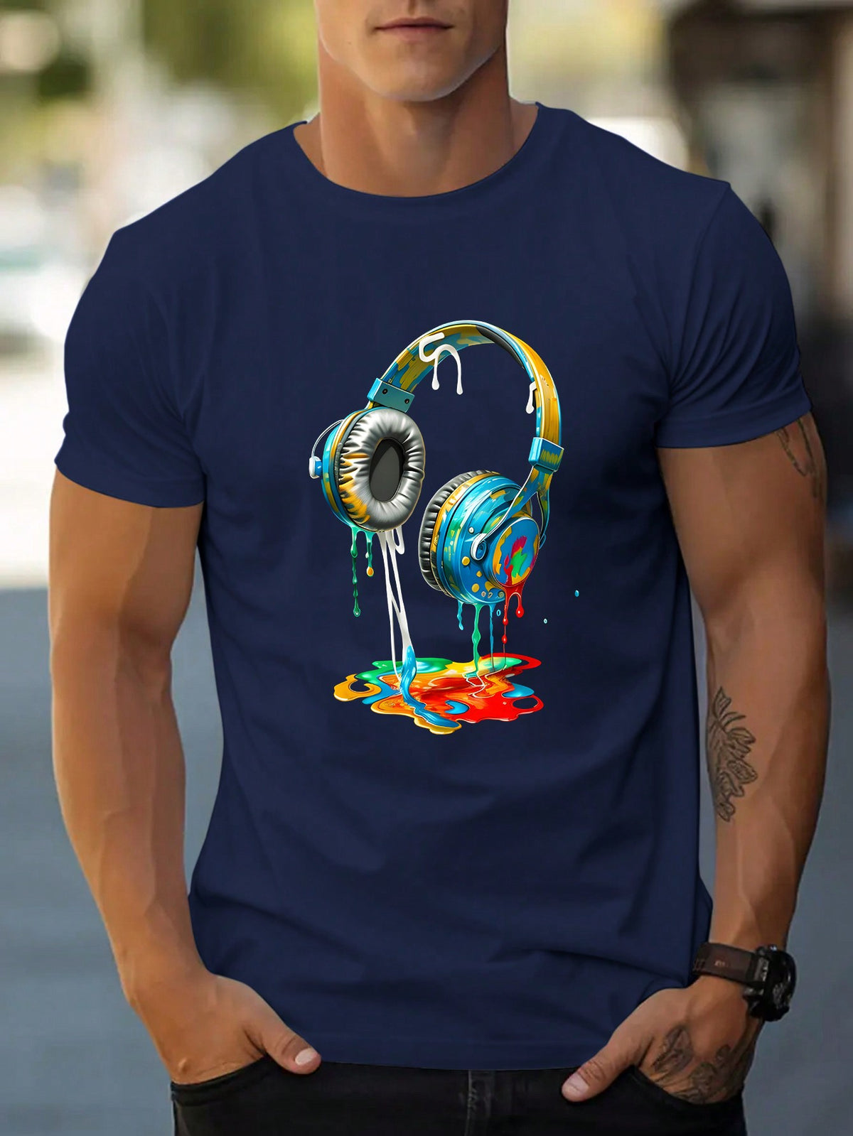 Men Casual Spring/Summer T-Shirt With Headphone Print