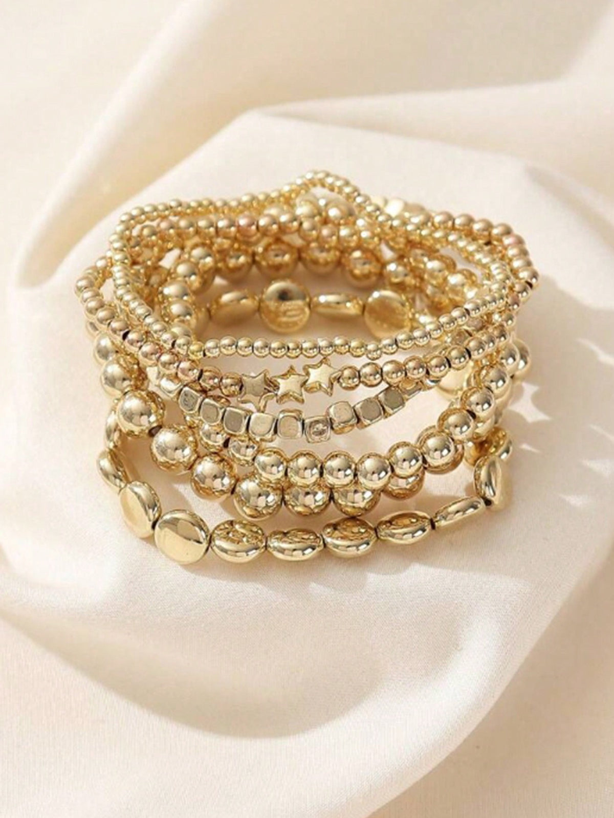 6pcs/Set Fashionable Minimalist Ccb Material Irregular Round Bead & Geometric Square Beaded Bracelet For Vacation, Travel, Shopping, Photography, Bar, Nightclub, Casual, Daily Outfit Matching & Wearin