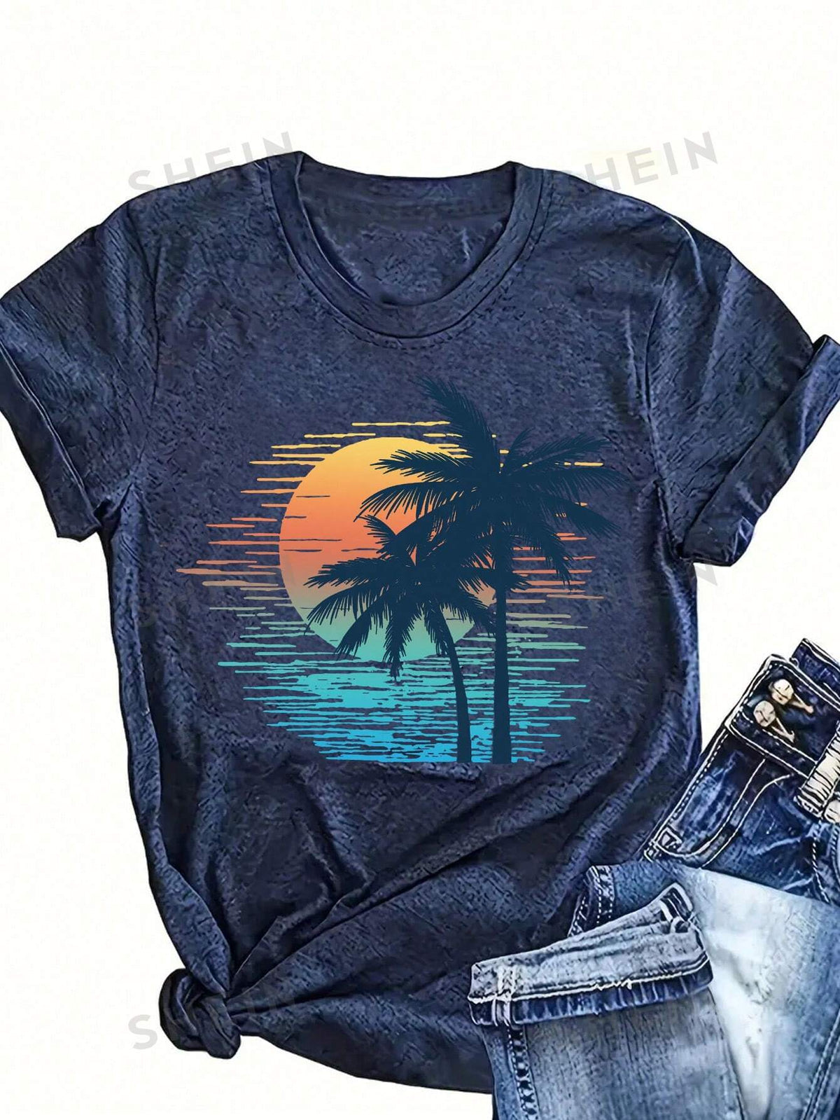 SHEIN LUNE Women's Vintage Tropical Sunset Summer T-Shirt, Ideal For Vacation