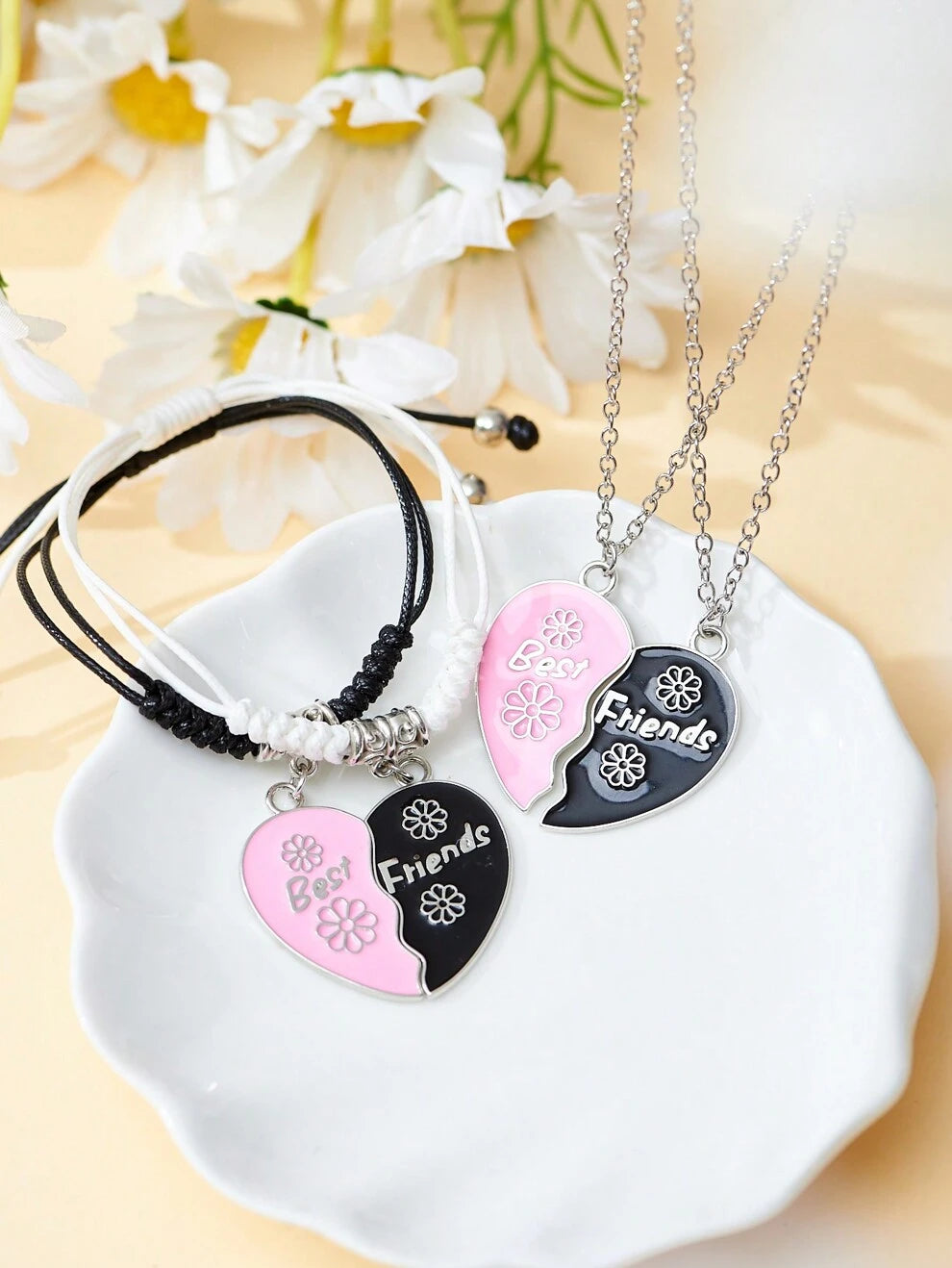 4pcs/Set Fashionable Personalized Heart & Flower Pendant Necklace/Bracelet In Multiple Colors, Valentine Gift Set For Couples And Best Friends