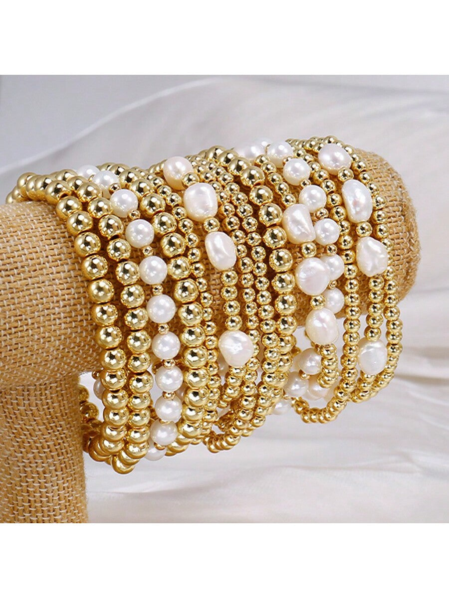 2-4Pcs Golden/Silvery Beaded Bracelets For Women, Golden Plated Faux Pearl Bracelets Gold Stackable Stretch Bead Ball Bracelet Set Stackable Stretch Bead Ball Bracelet Set Bohemian Faux Pearl Golden B