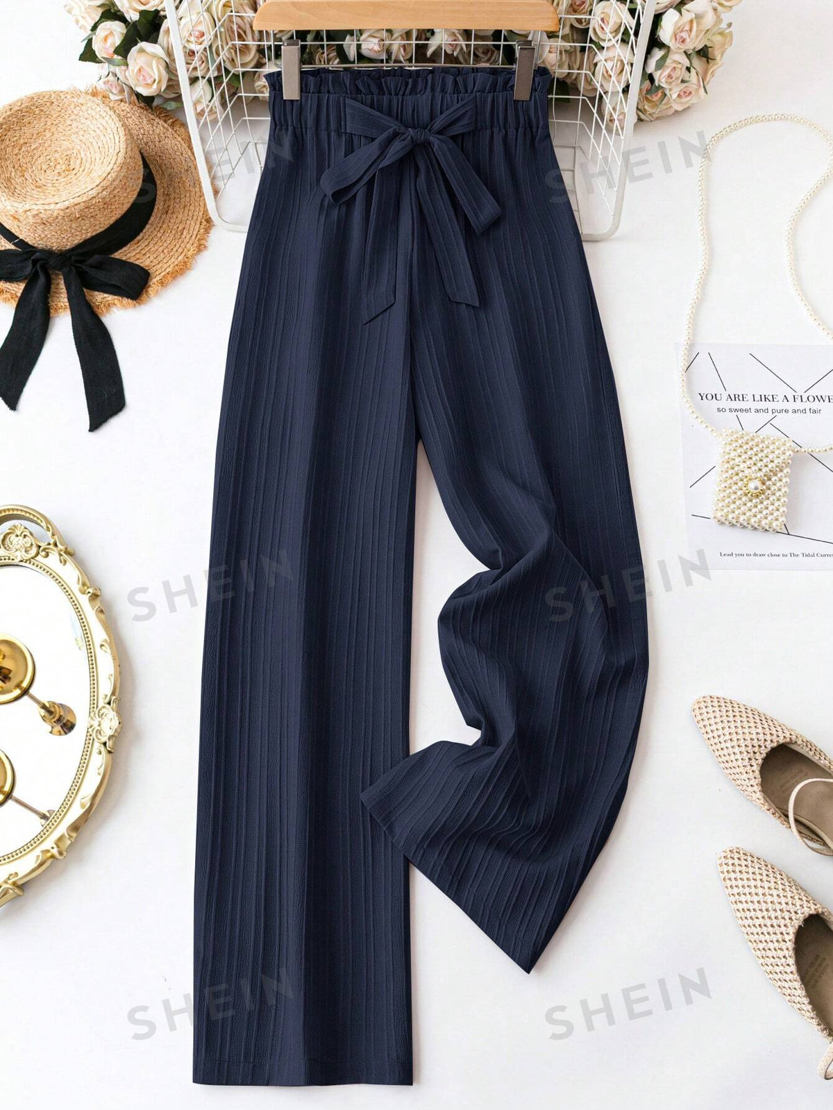 SHEIN LUNE Ladies Solid Color Belted Casual Long Pants For Daily Wear