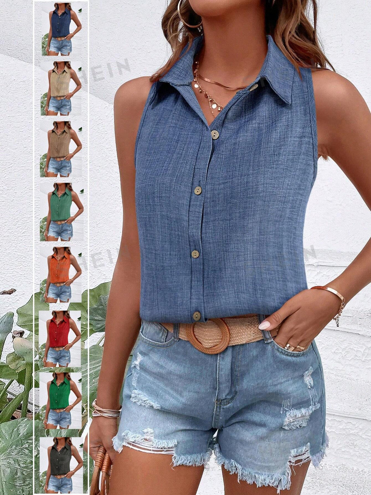 SHEIN Essnce Leisure Denim Sleeveless Shirt For Vacation