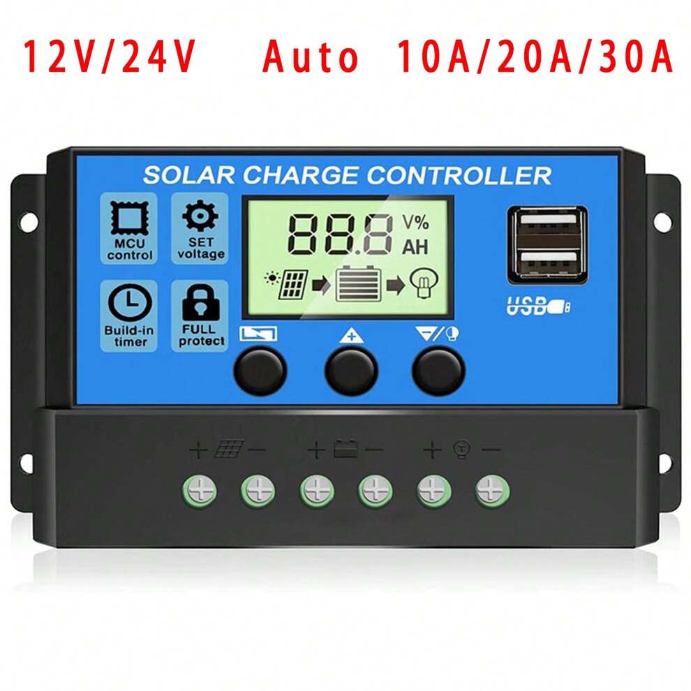 Solar Charge Controller Solar Panel Controller 12V/24V Adjustable LCD Display Solar Panel Battery Regulator With USB Port 10A 20A 30A Solar Panel Controller