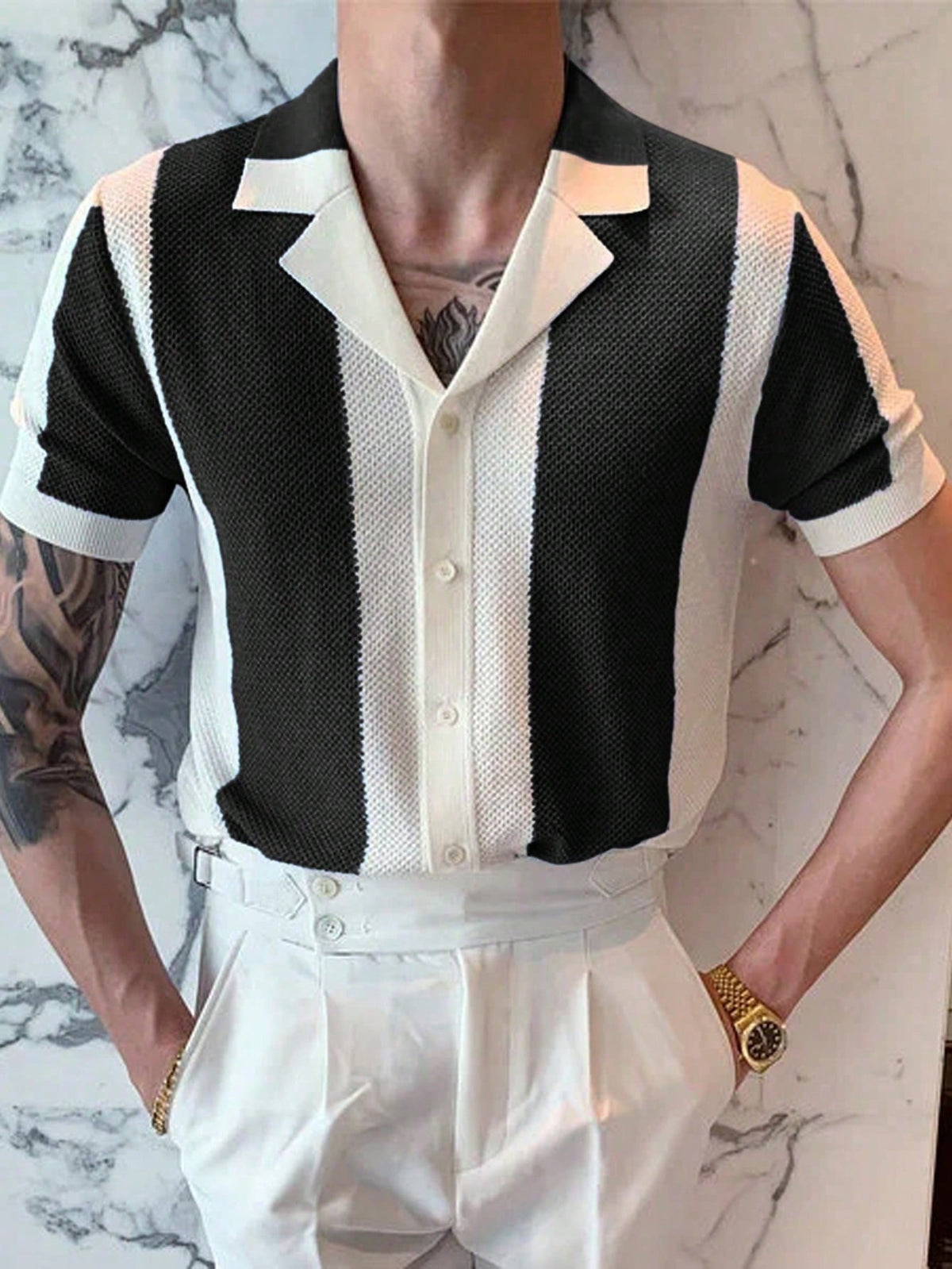 Men Two Tone Lapel Collar Knit Crochet Top