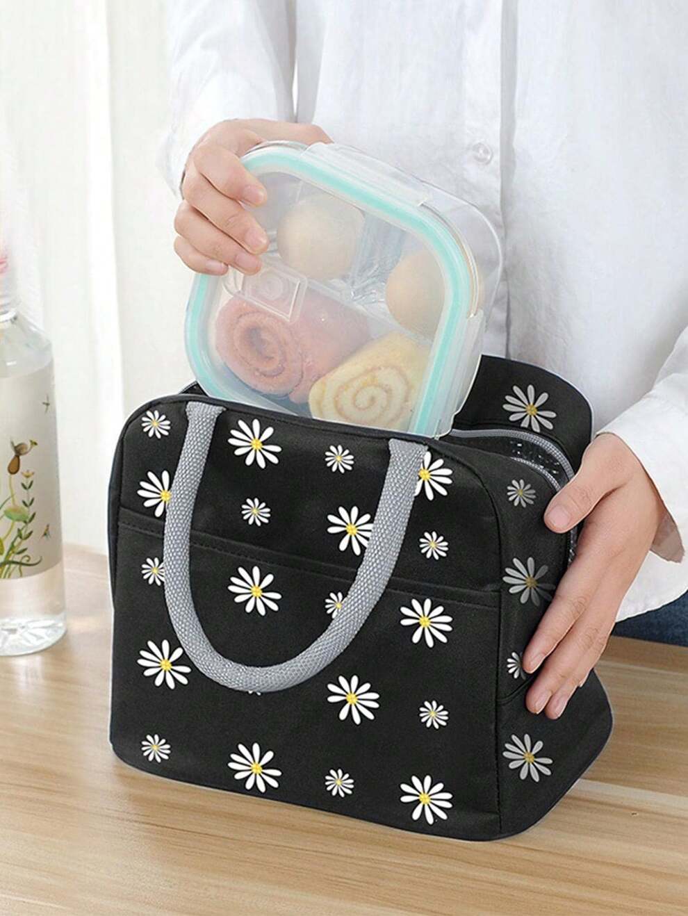 Daisy Pattern Lunch Bag, Portable Insulated Lunch Box Storage Bag For Outdoor