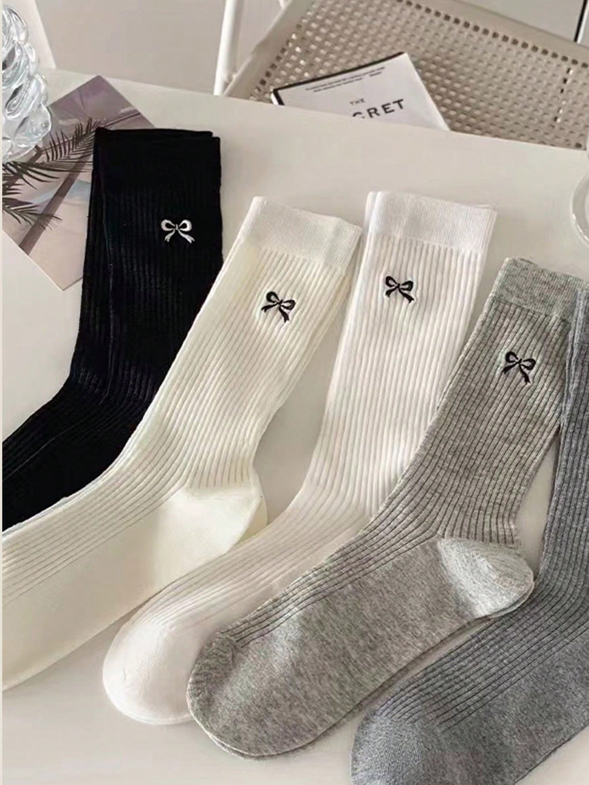 3pairs/Pack Women Solid Color Thin Casual Knee High Socks, Daily Wear