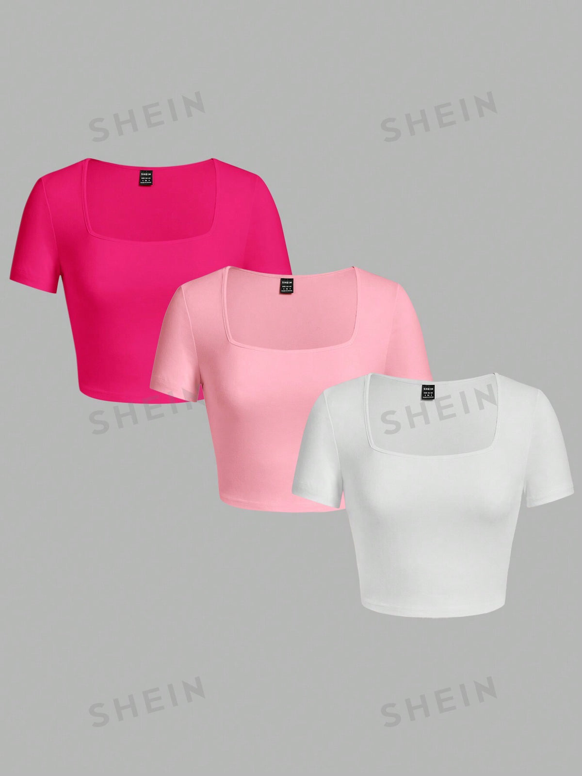 SHEIN EZwear 3pcs Casual Solid Color All-Match Square Neck Short Sleeve Women's T-Shirt, Perfect For Summer