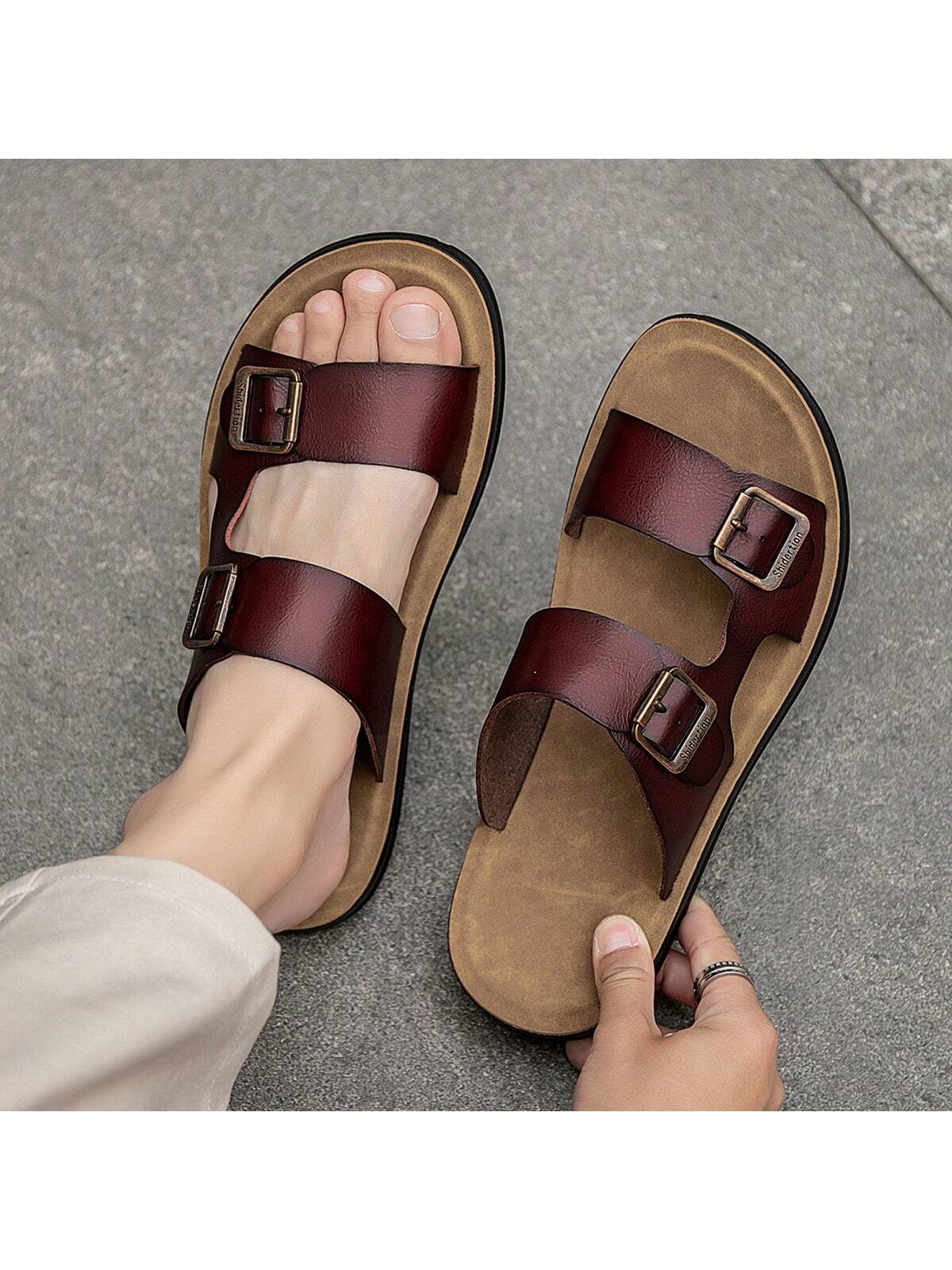 Men's Handmade Microfiber Leather Slippers, Fashionable Casual Anti-Slip And Durable Slides For Indoor And Outdoor Use, All Seasons