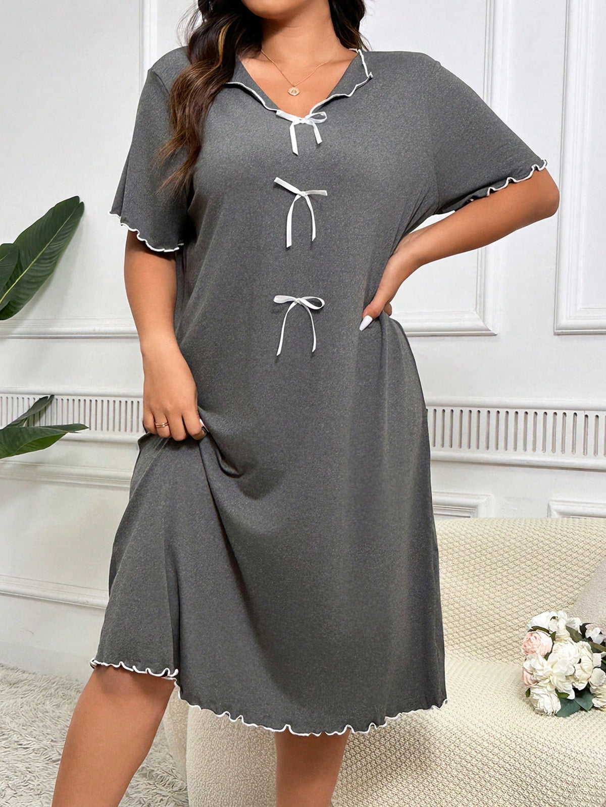 Plus Size Simple And Elegant Deep Grey Midi Length Pajama Night Dress With Bowknot Embellishment