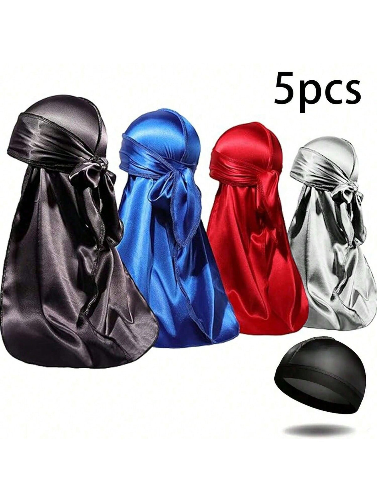 4pcs Men Durag With 2 Long Tail Straps, Smooth Comfortable Breathable Outdoor Sports Casual Skull Cap And 1pc Men Wave Cap, Stretch Breathable Running Beanie