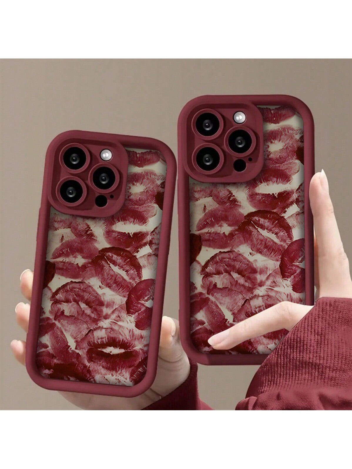 1pc Burgundy Lip Printed 3D Embossed TPU Soft Anti-Fall Waterproof Phone Case Compatible With IPhone