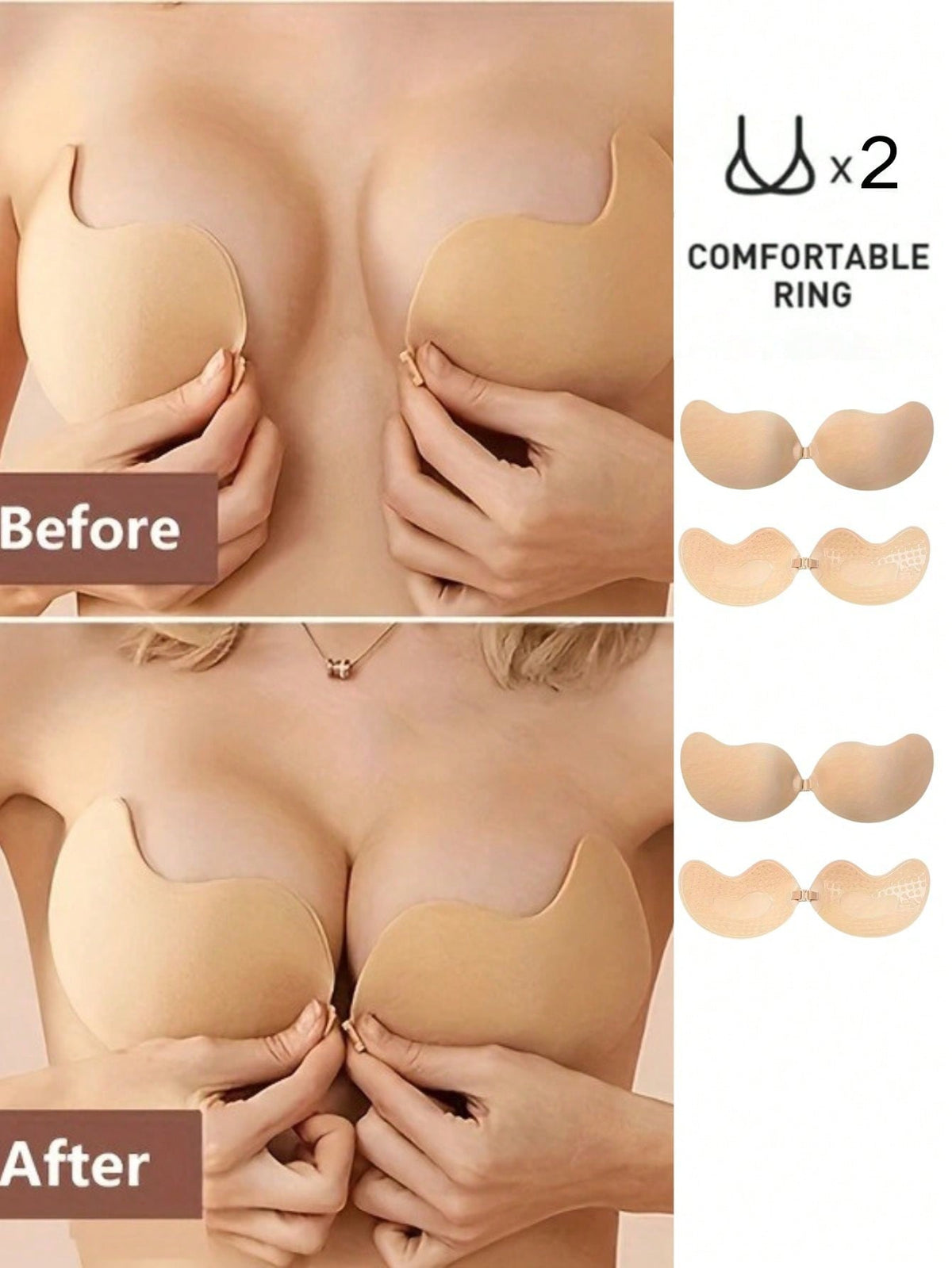 2-Pcs Seamless Invisible Silicone Bra - Natural Touch Push-Up Adhesive - Secure Fit Buckle Design - Women's Lingerie And Lingerie Accessories - Suitable For All Occasions