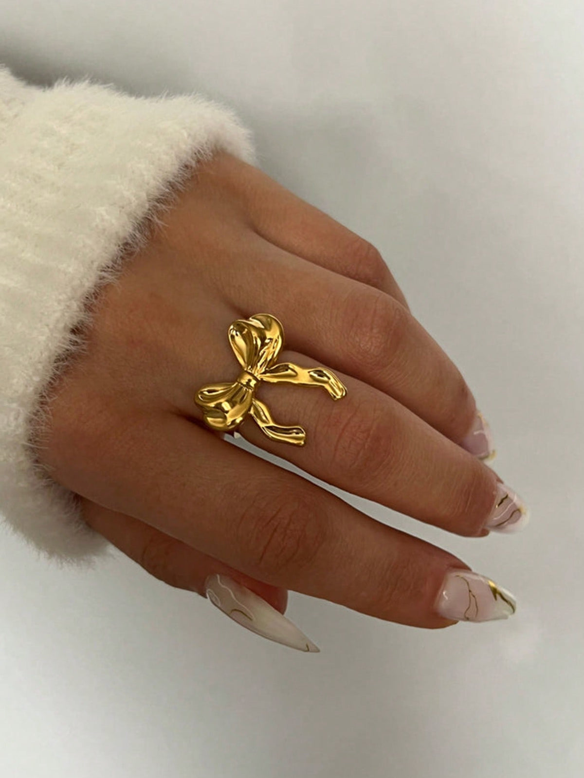 1pc New Fashion Lightweight Bowknot Ribbon Style Delicate 18K Gold Waterproof Adjustable Open Ring For Women