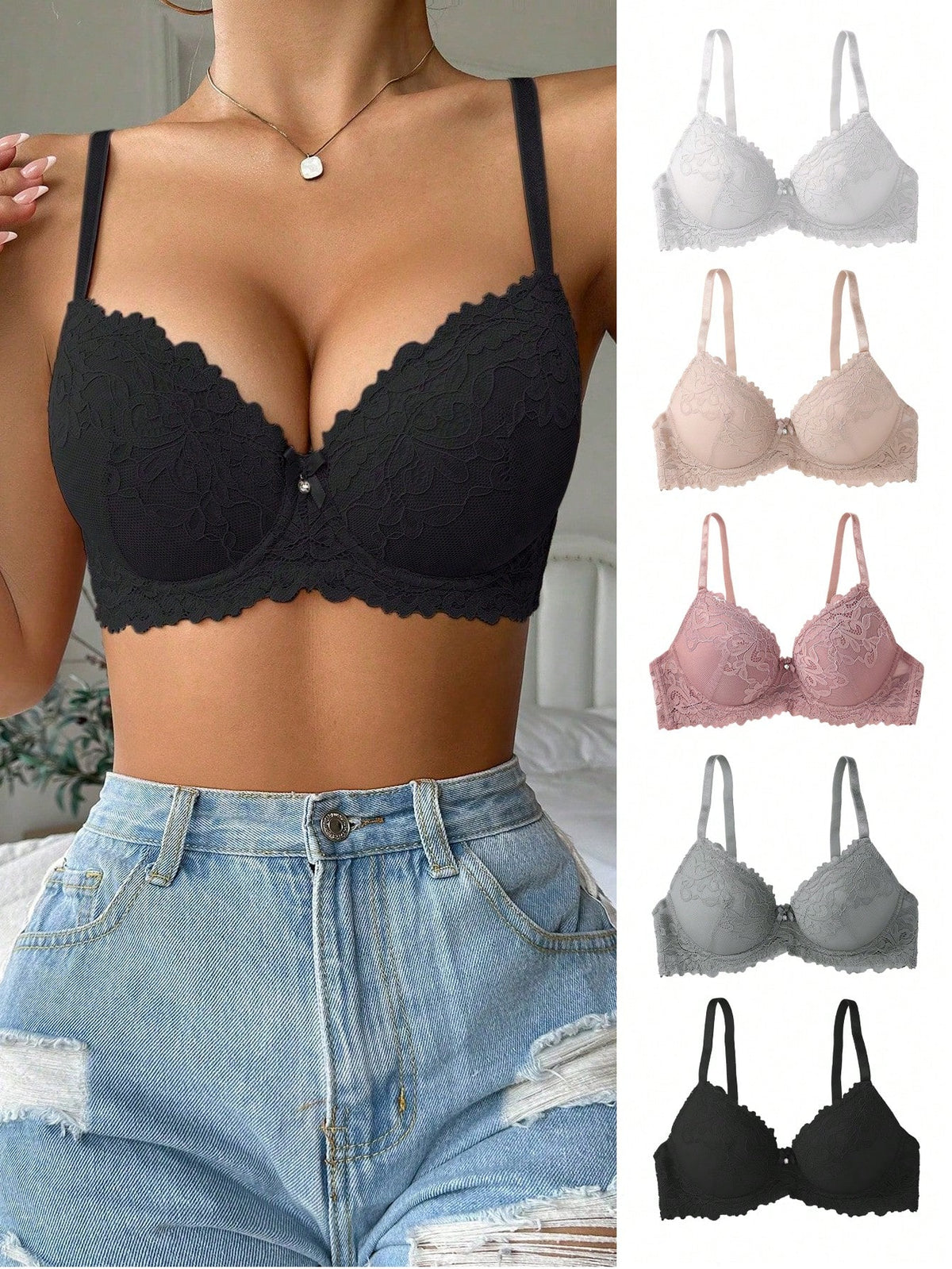 5pcs/Set Romantic Lace Padded Bras For Small Bust Enhancement Daily Wear