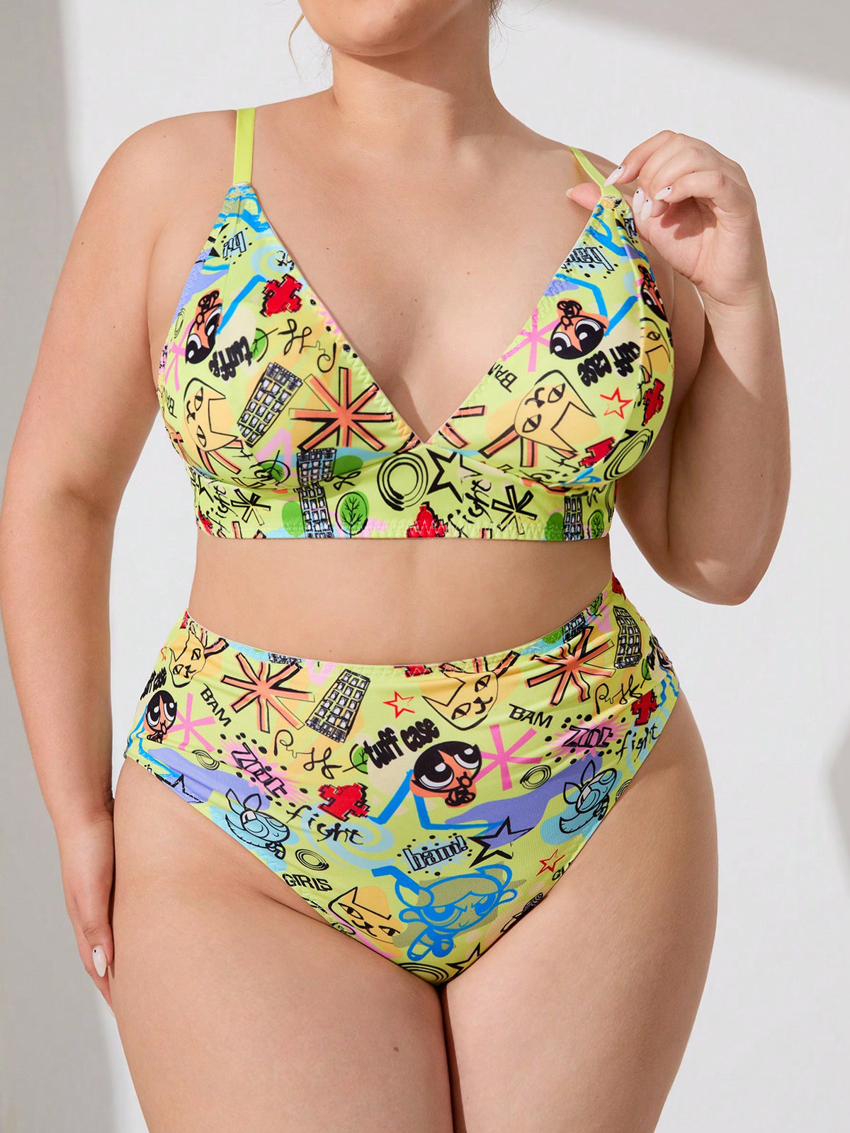 THE POWERPUFF GIRLS X SHEIN Plus Size Fashionable, Sexy And Cute Cartoon Printed Comfortable Underwear Set