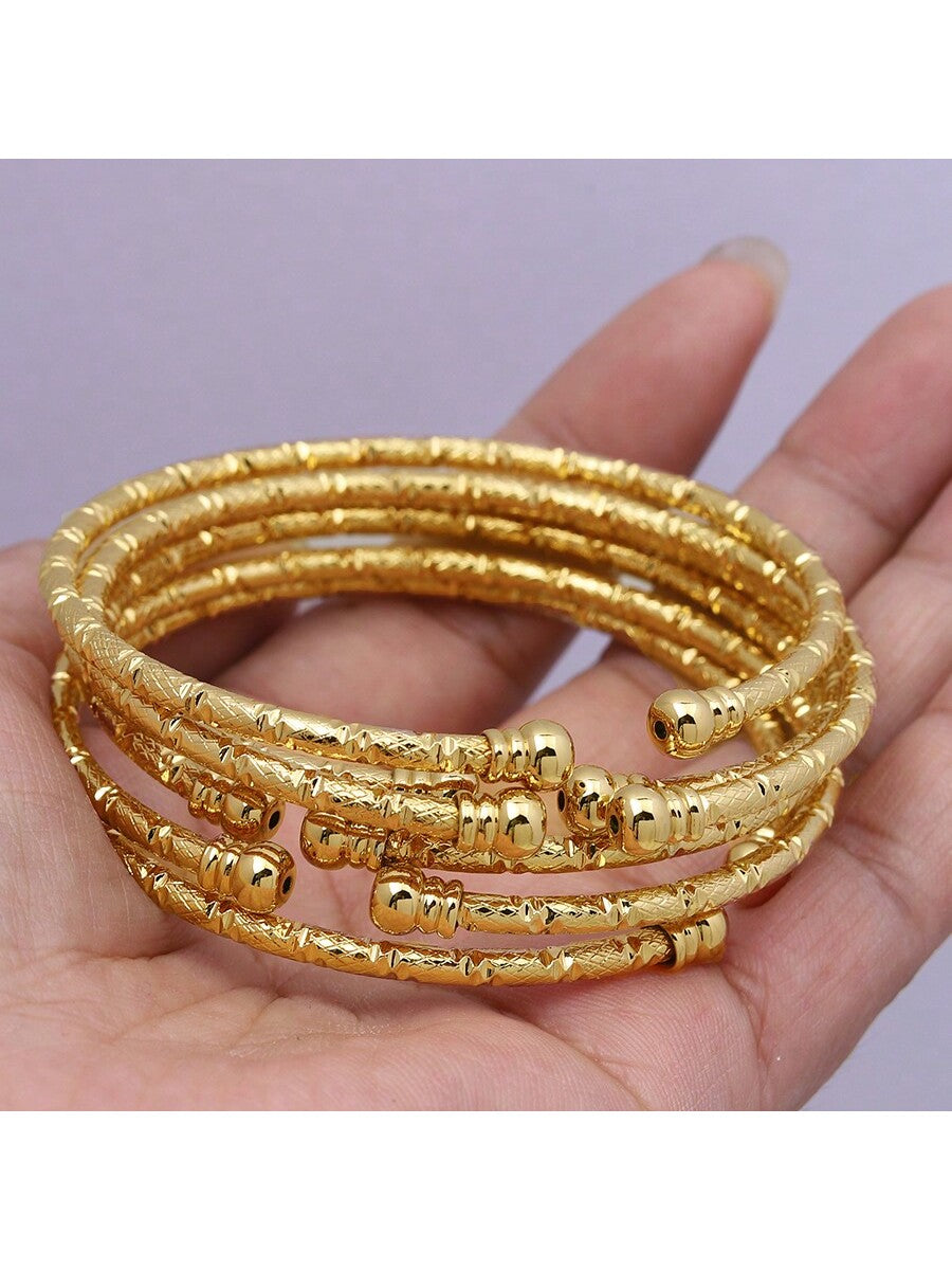 6pcs  24K Gold Plated Open Beaded Bangle Bracelets, Fashionable Classic Jewelry For Women In Dubai, , Europe, America And Africa